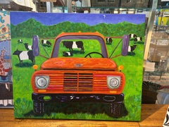 Hand Embellished Limited Edition Giclee of Old Truck and Belted Galloway Cows
