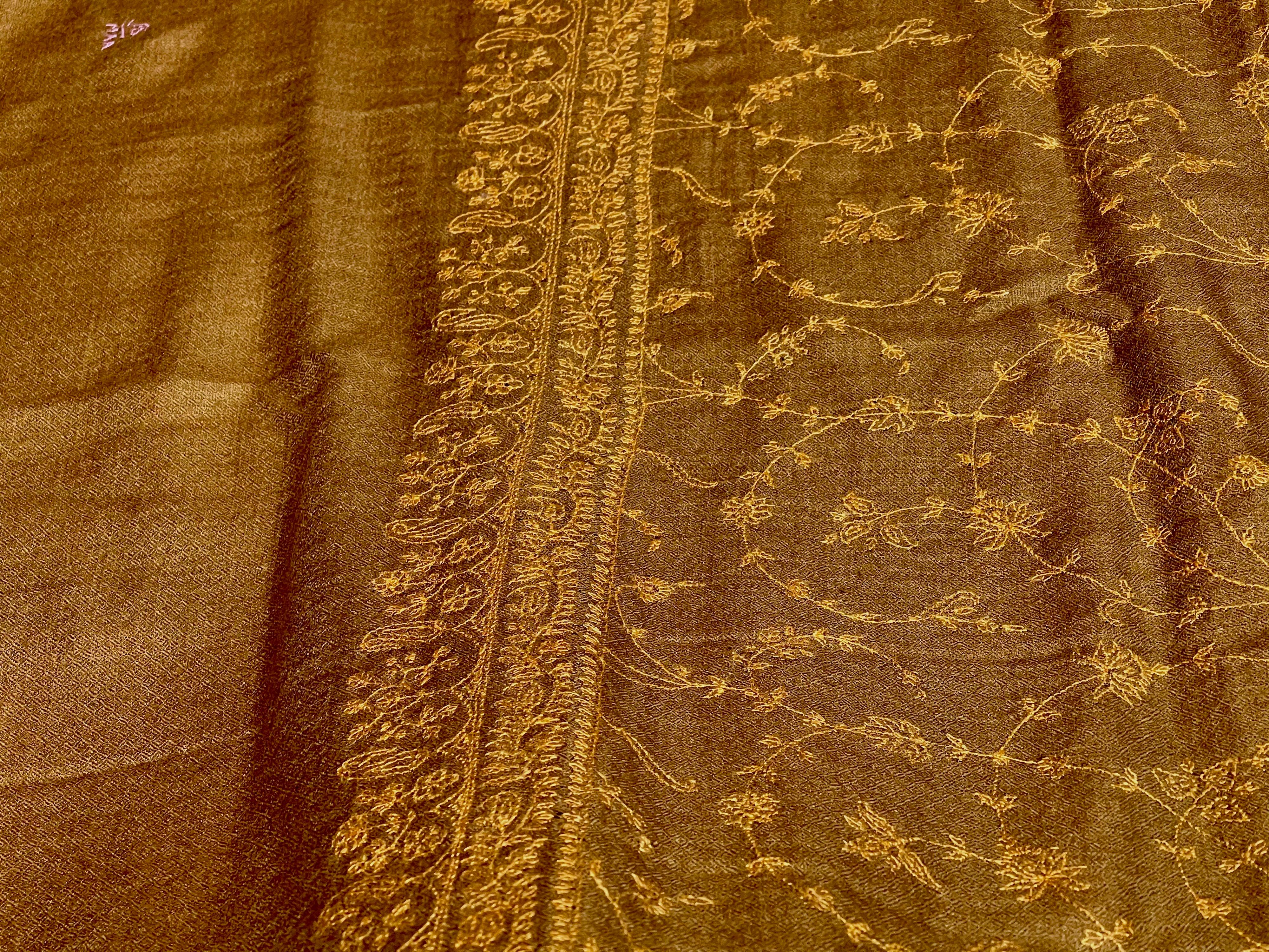 Hand Embroidered 100% Cashmere Pashmina Shawl Golden Brown Made in Kashmir  3