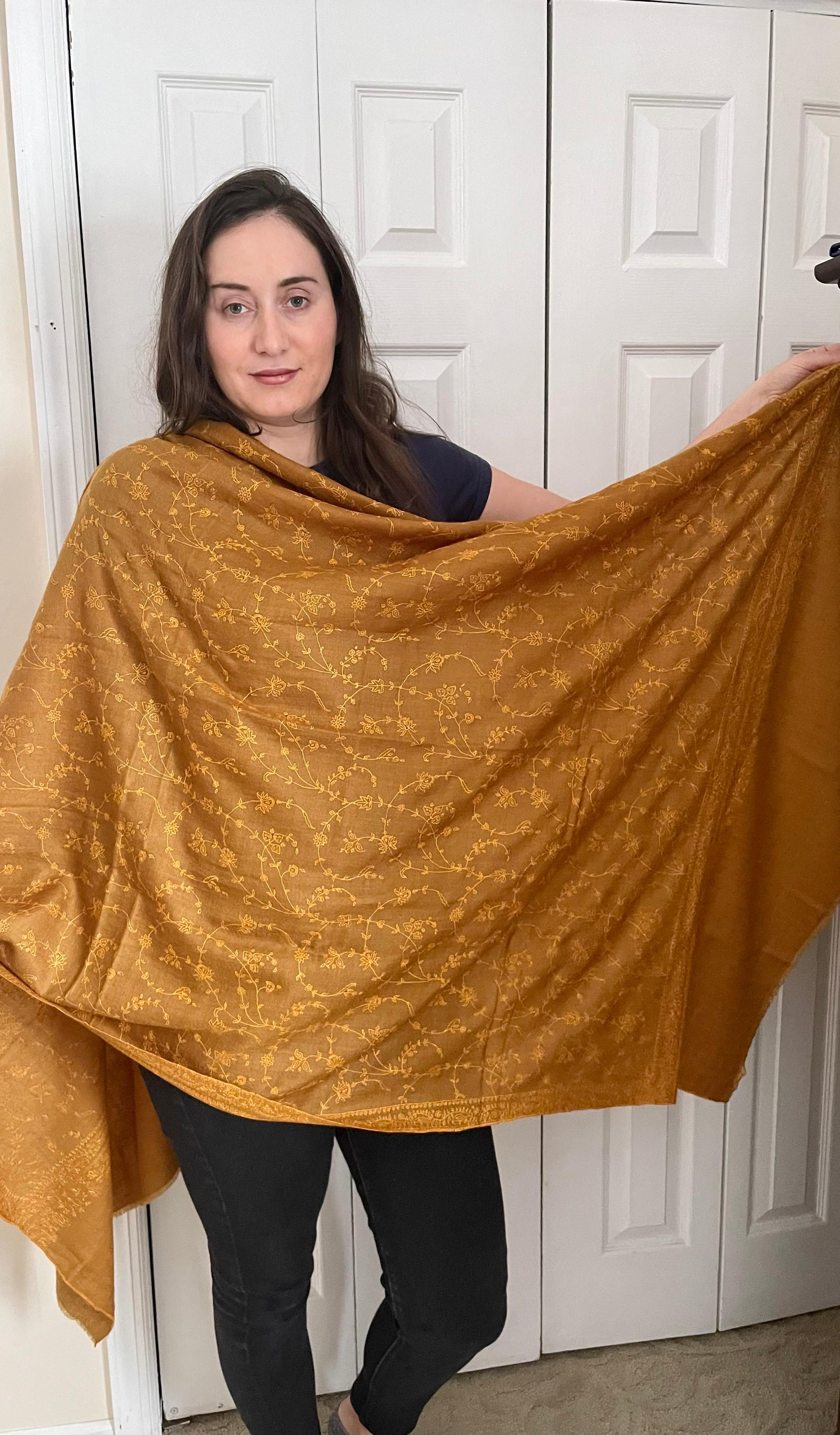 Hand Embroidered 100% Cashmere Pashmina Shawl Golden Brown Made in Kashmir  6