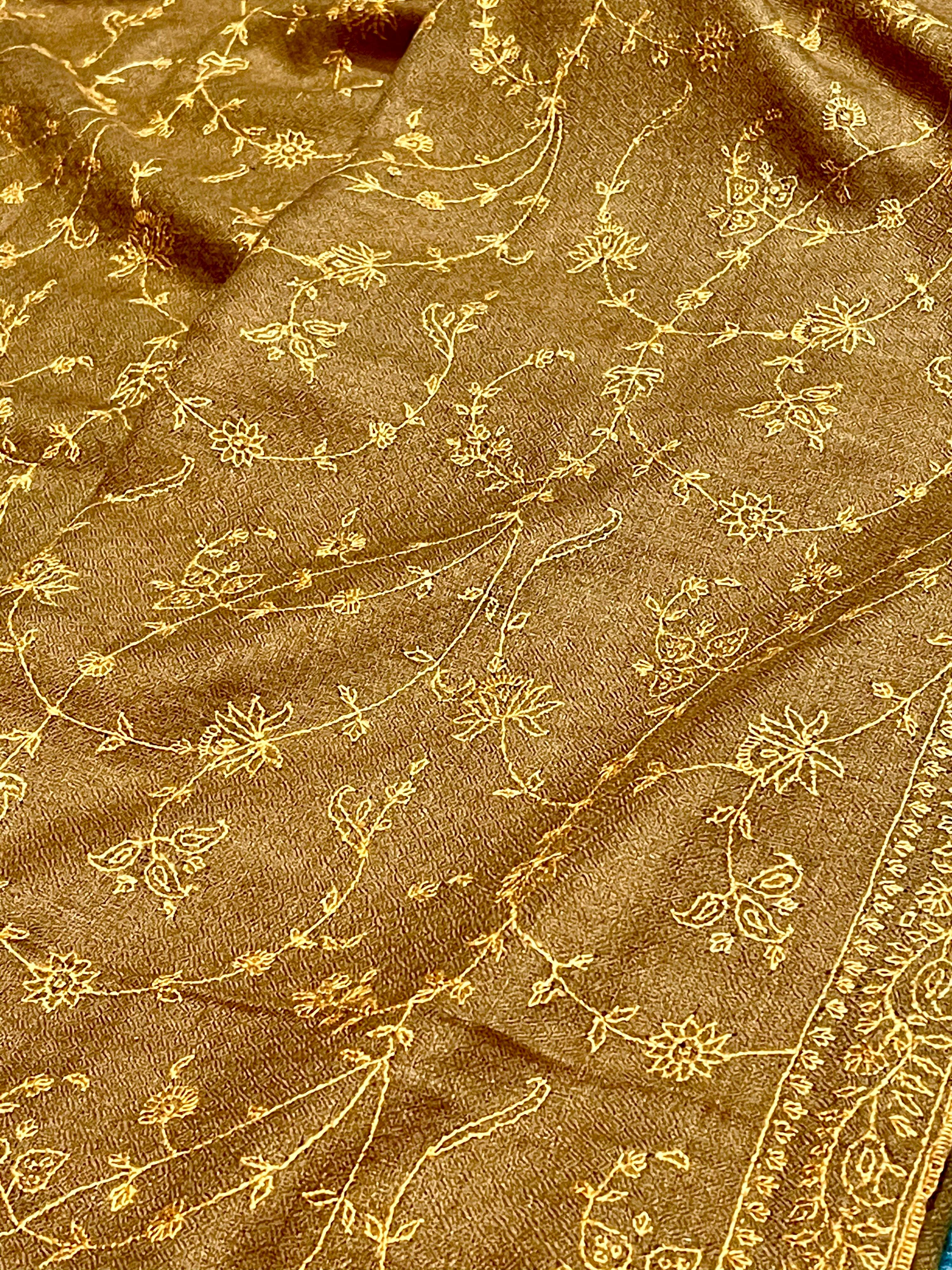Hand Embroidered 100% Cashmere Pashmina Shawl Golden Brown Made in Kashmir  7