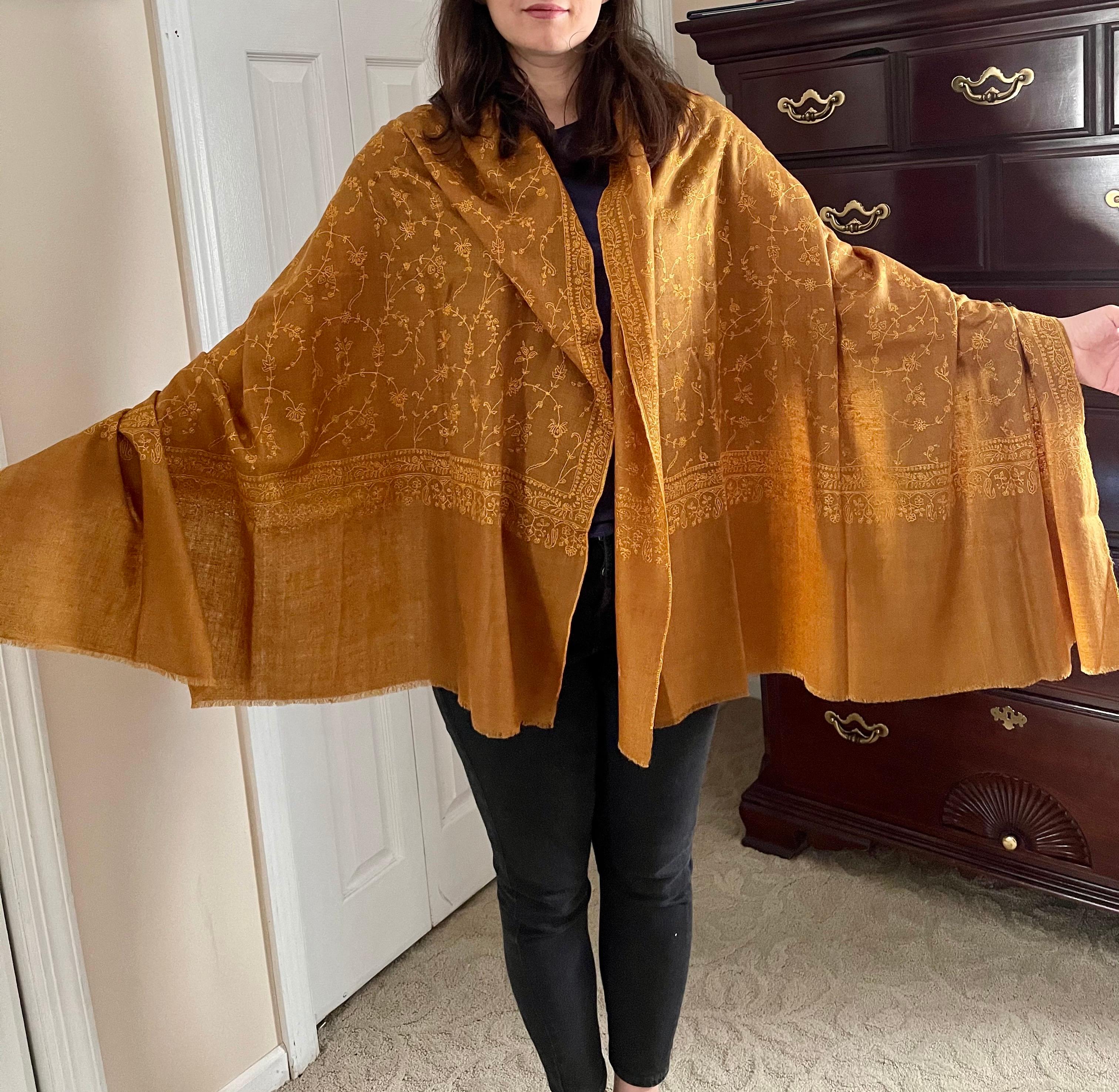 Hand Embroidered 100% Cashmere Pashmina Shawl Golden Brown Made in Kashmir  8