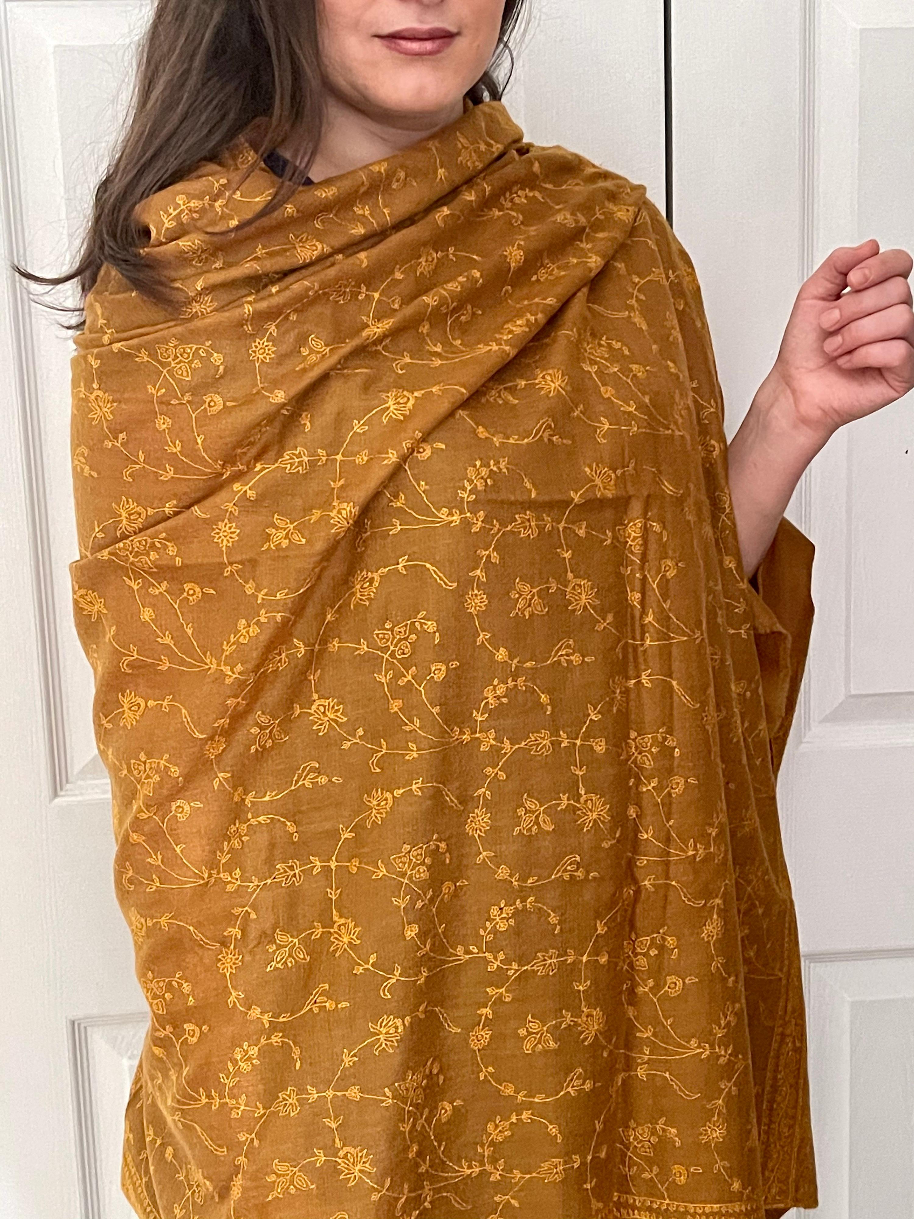 Hand Embroidered 100% Cashmere Pashmina Shawl Golden Brown Made in Kashmir  9