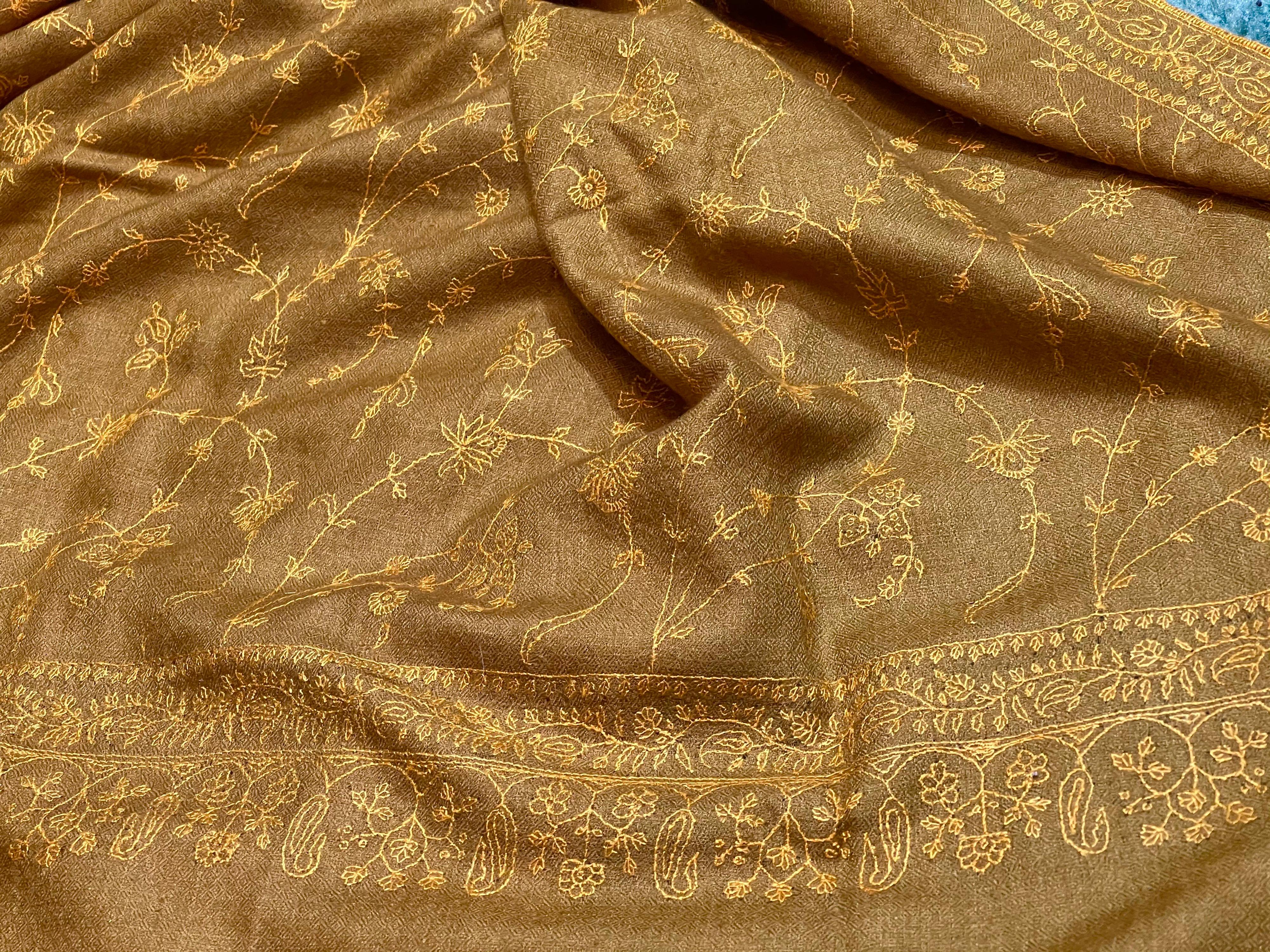 Hand Embroidered 100% Cashmere Pashmina Shawl Golden Brown Made in Kashmir  10