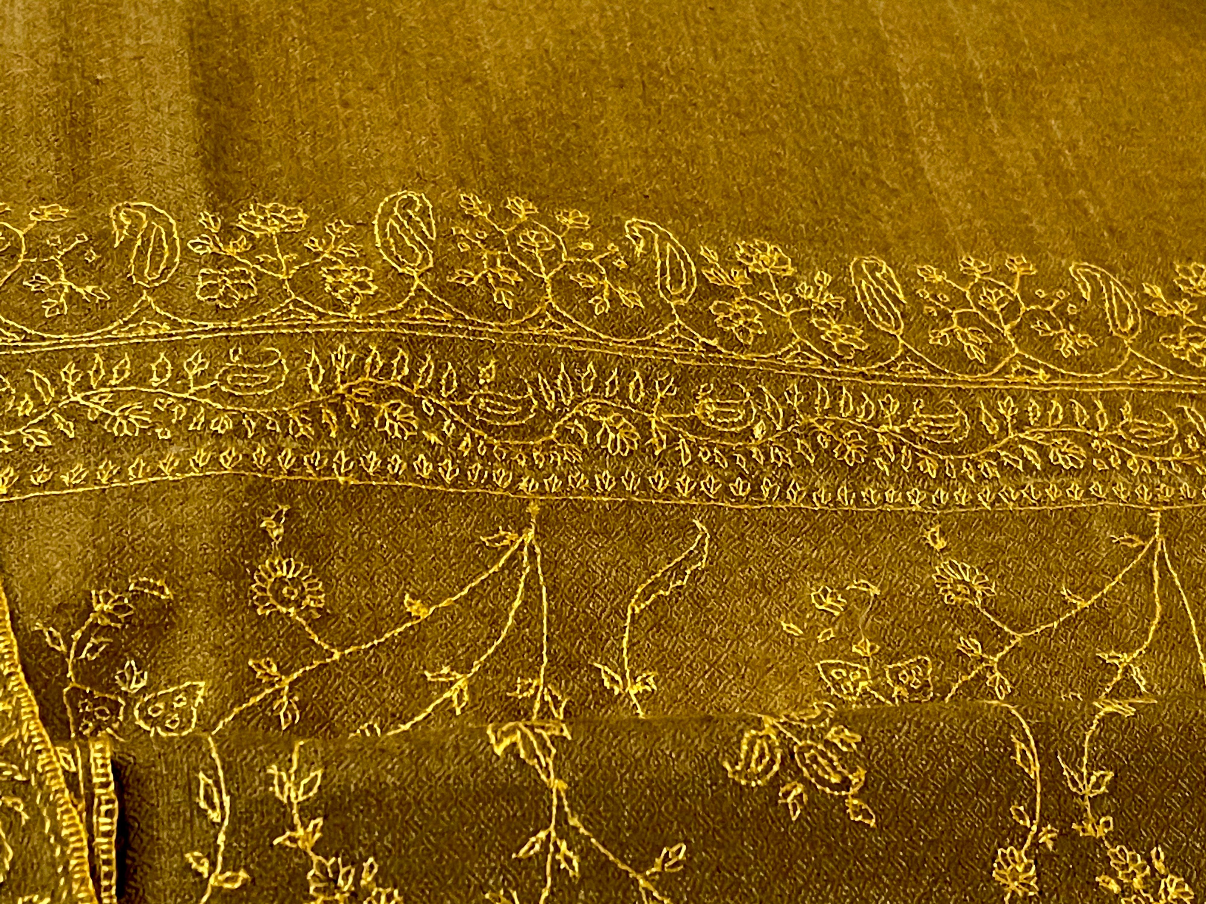 Women's Hand Embroidered 100% Cashmere Pashmina Shawl Golden Brown Made in Kashmir 