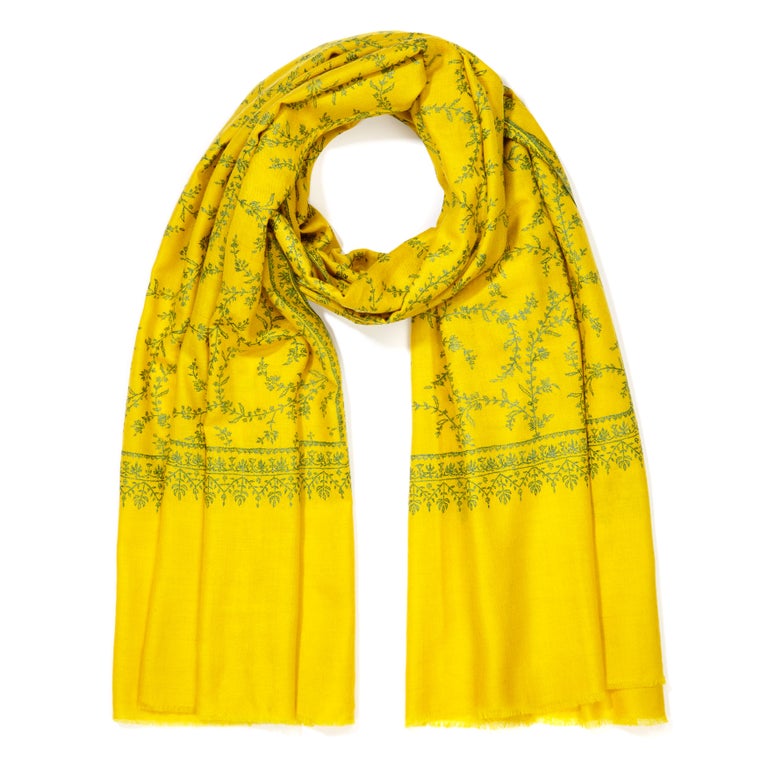 Hand Embroidered 100% Cashmere Scarf in Yellow handmade in Kashmir India 

Verheyen London’s shawl is spun from the finest embroidered woven cashmere from Kashmir.  The embroidery can take up to 1 year to embroider and each one is unique. Its warmth