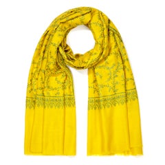 Hand Embroidered 100% Cashmere Scarf in Yellow Handmade in Kashmir India