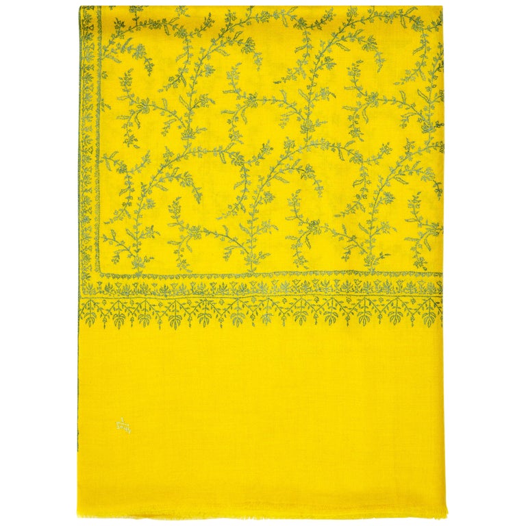 Hand Embroidered 100% Cashmere Scarf in Yellow Handmade in Kashmir India 