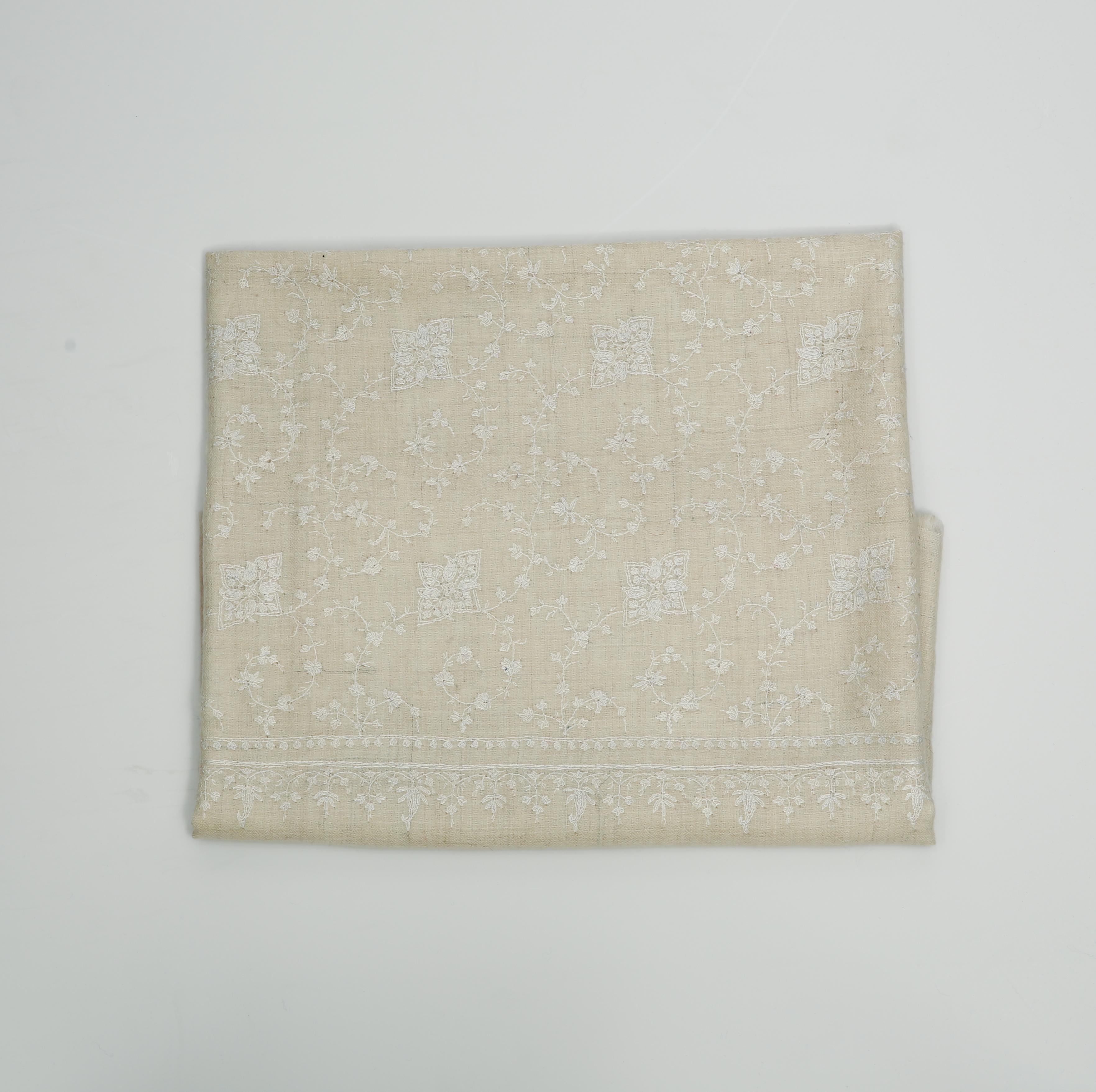 Women's or Men's Hand Embroidered 100% Cashmere Shawl in Ivory Cream & White Made in Kashmir
