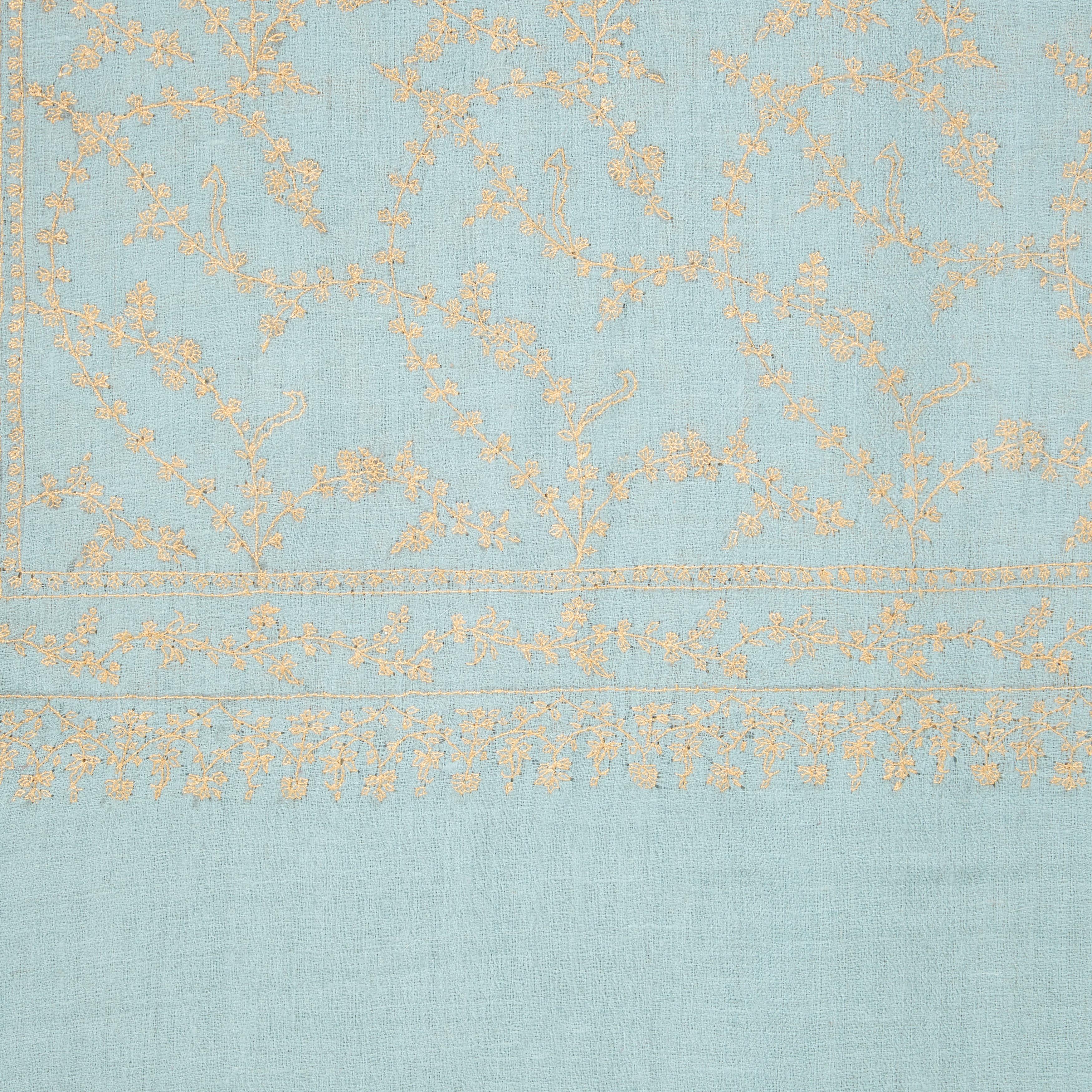 Gray Hand Embroidered 100% Cashmere Shawl in Pale Blue & Gold Made in Kashmir - Gift