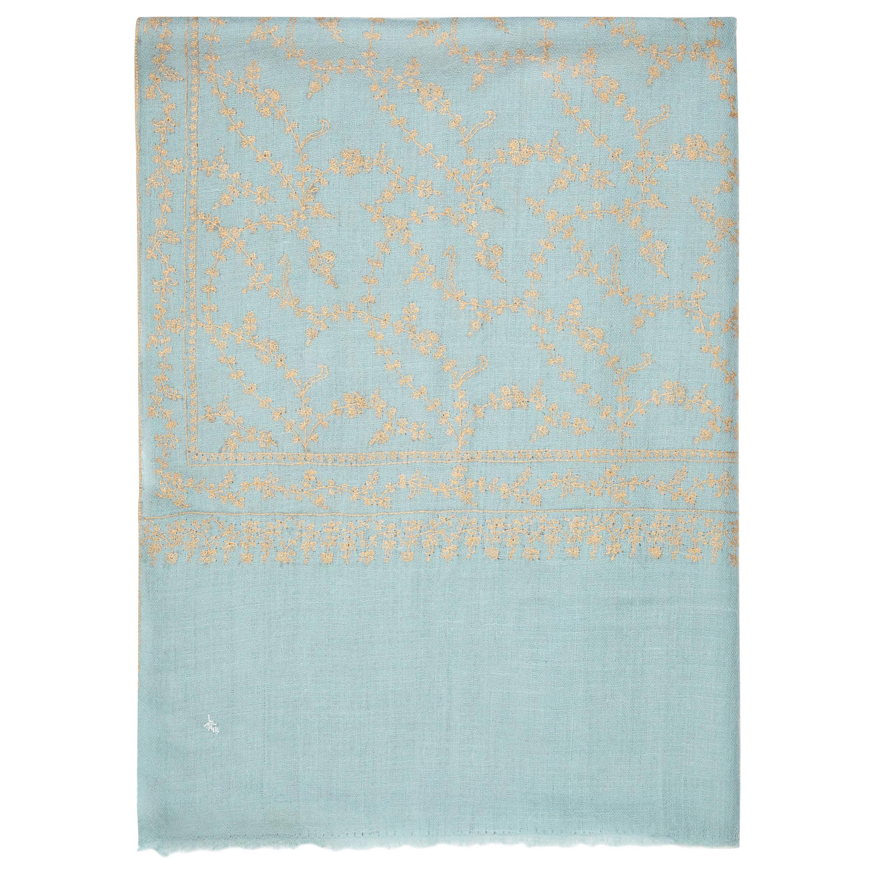 Hand Embroidered 100% Cashmere Shawl in Pale Blue & Gold Made in Kashmir - Gift