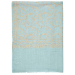 Large Hand Embroidered 100% Cashmere Scarf in Pale Blue & Gold - Brand New 