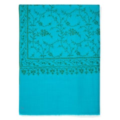 Hand Embroidered 100% Cashmere Shawl in Turquoise Made in Kashmir India