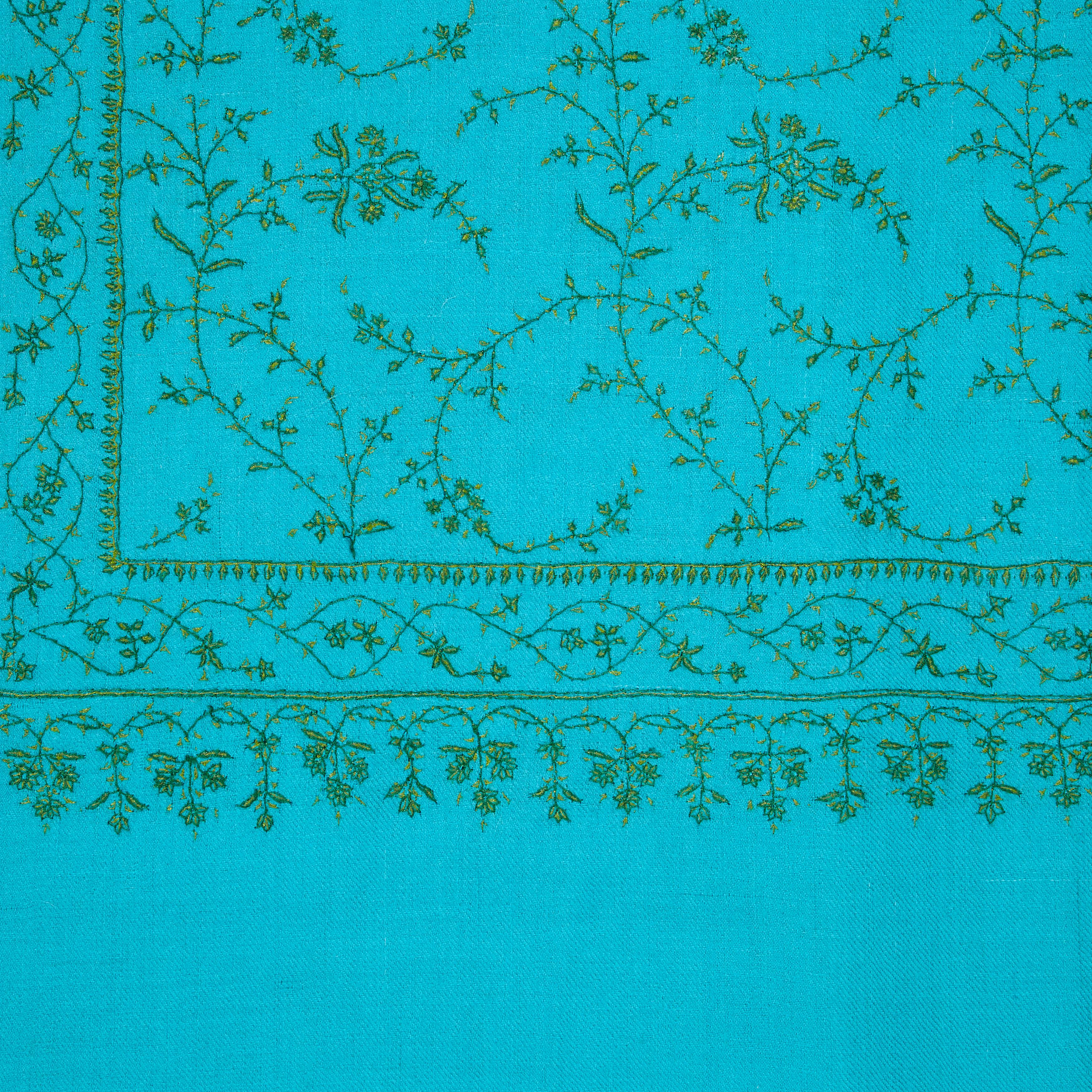 Blue Hand Embroidered 100% Cashmere Shawl in Turquoise Made in Kashmir India