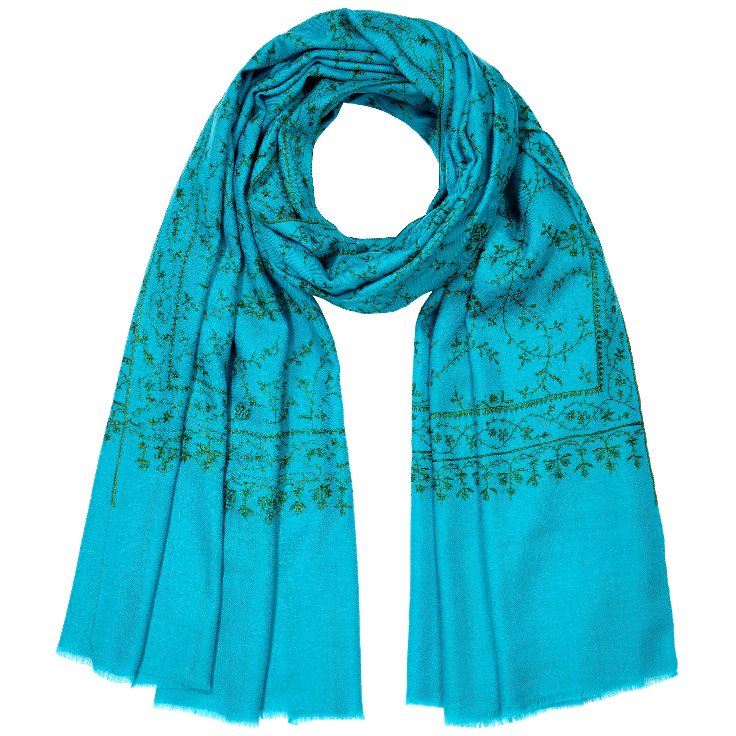 Hand Embroidered 100% Cashmere Shawl in Turquoise Made in Kashmir India