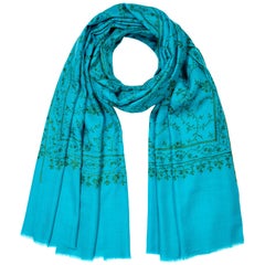 Hand Embroidered 100% Cashmere Shawl in Turquoise Made in Kashmir India