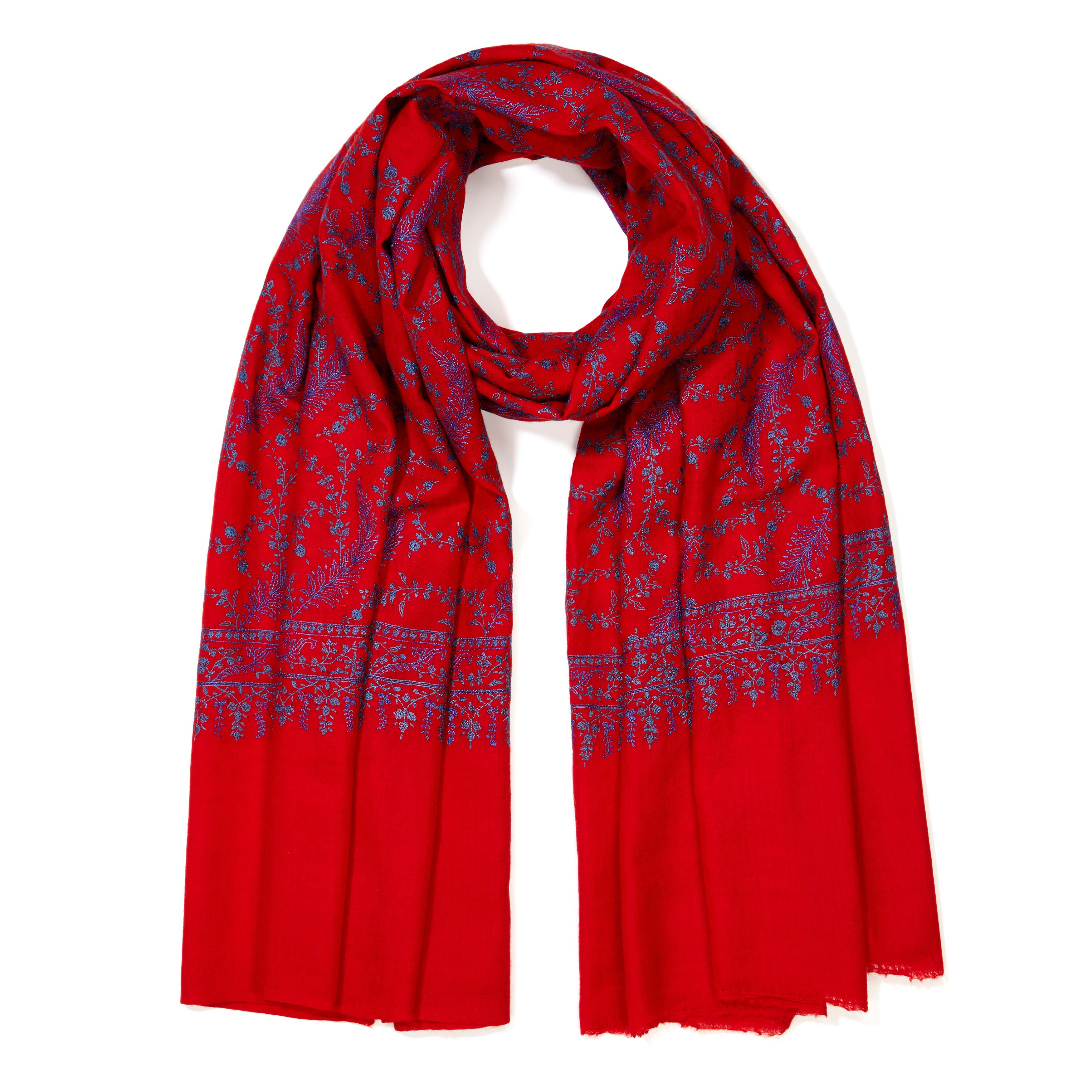 Femenino o masculino Bufanda Chal Bordada a Mano 100% Cachemira en Rojo y Azul en venta