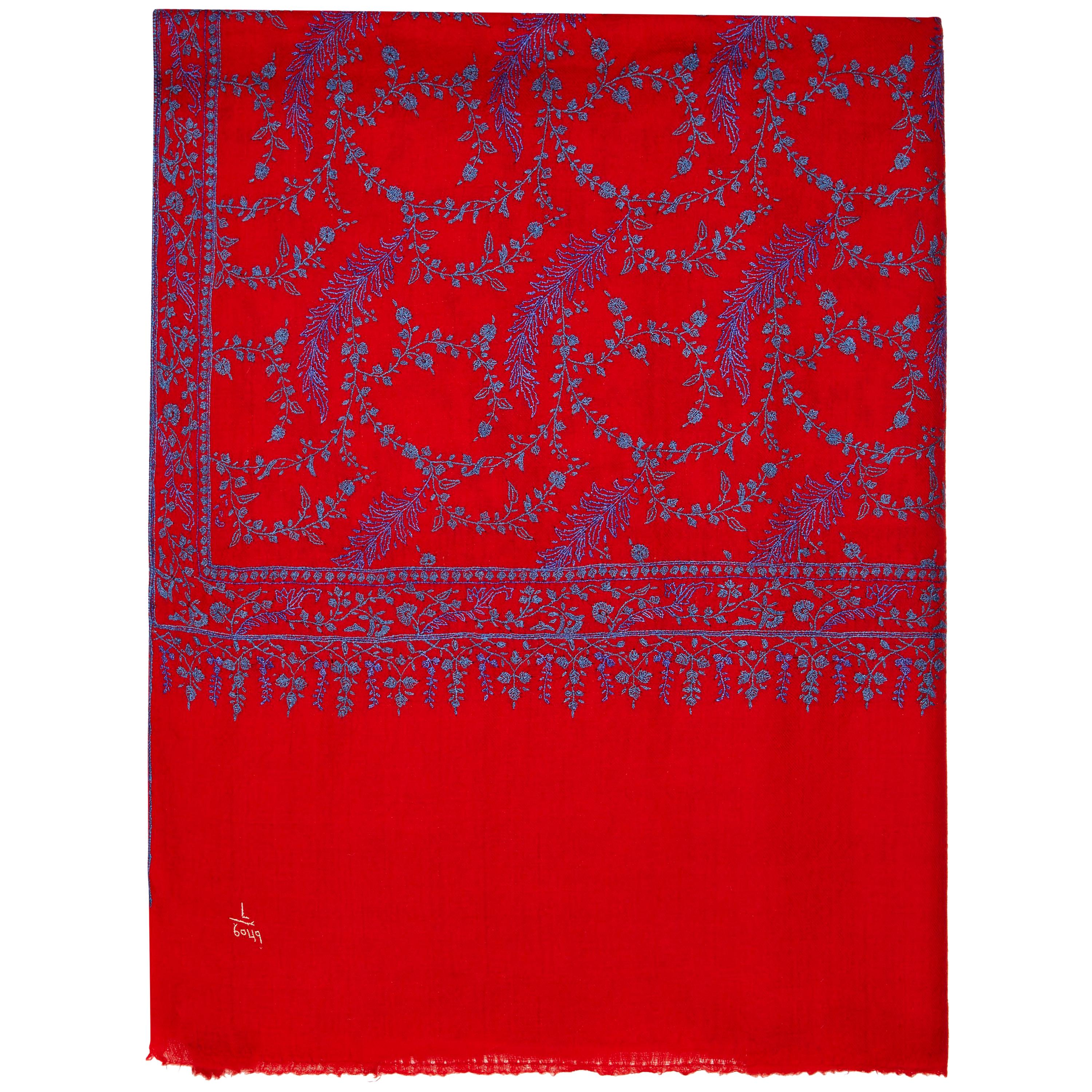 Bufanda Chal Bordada a Mano 100% Cachemira en Rojo y Azul en venta