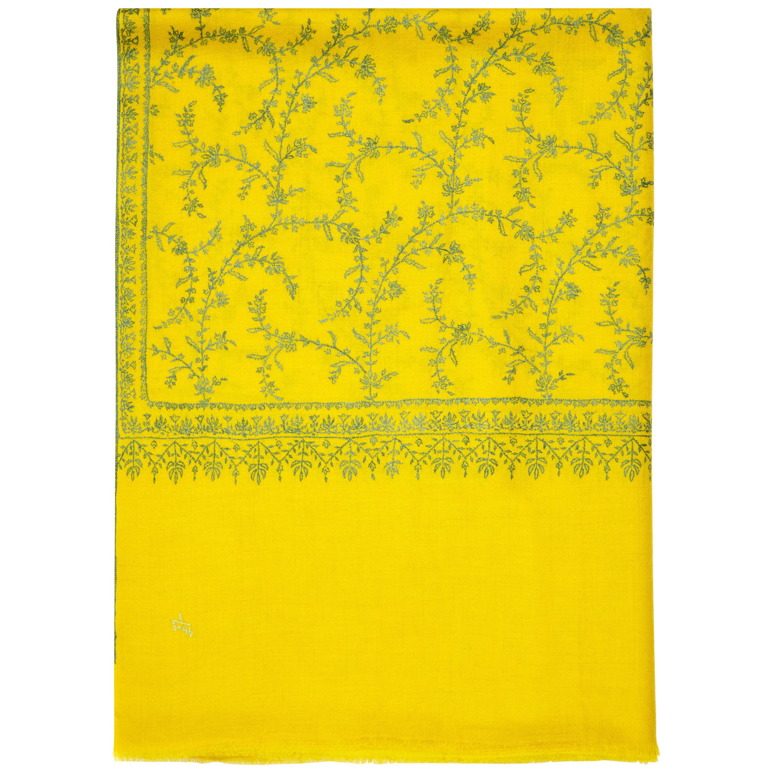 Hand Embroidered 100% Cashmere Shawl Scarf in Yellow Made in Kashmir India