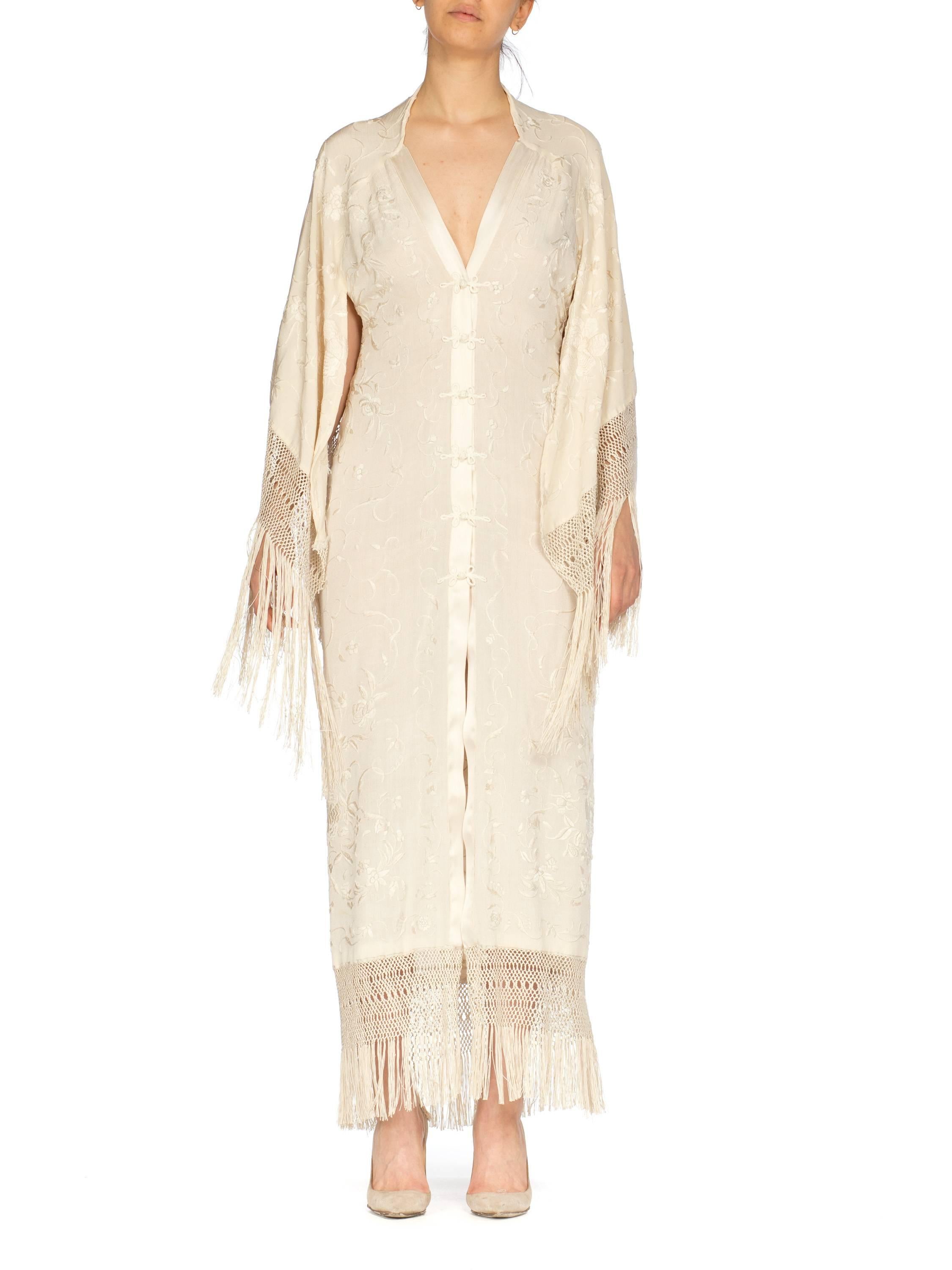 White Hand Embroidered Antique Piano Shawl Bias Dress with Cape and Fringe