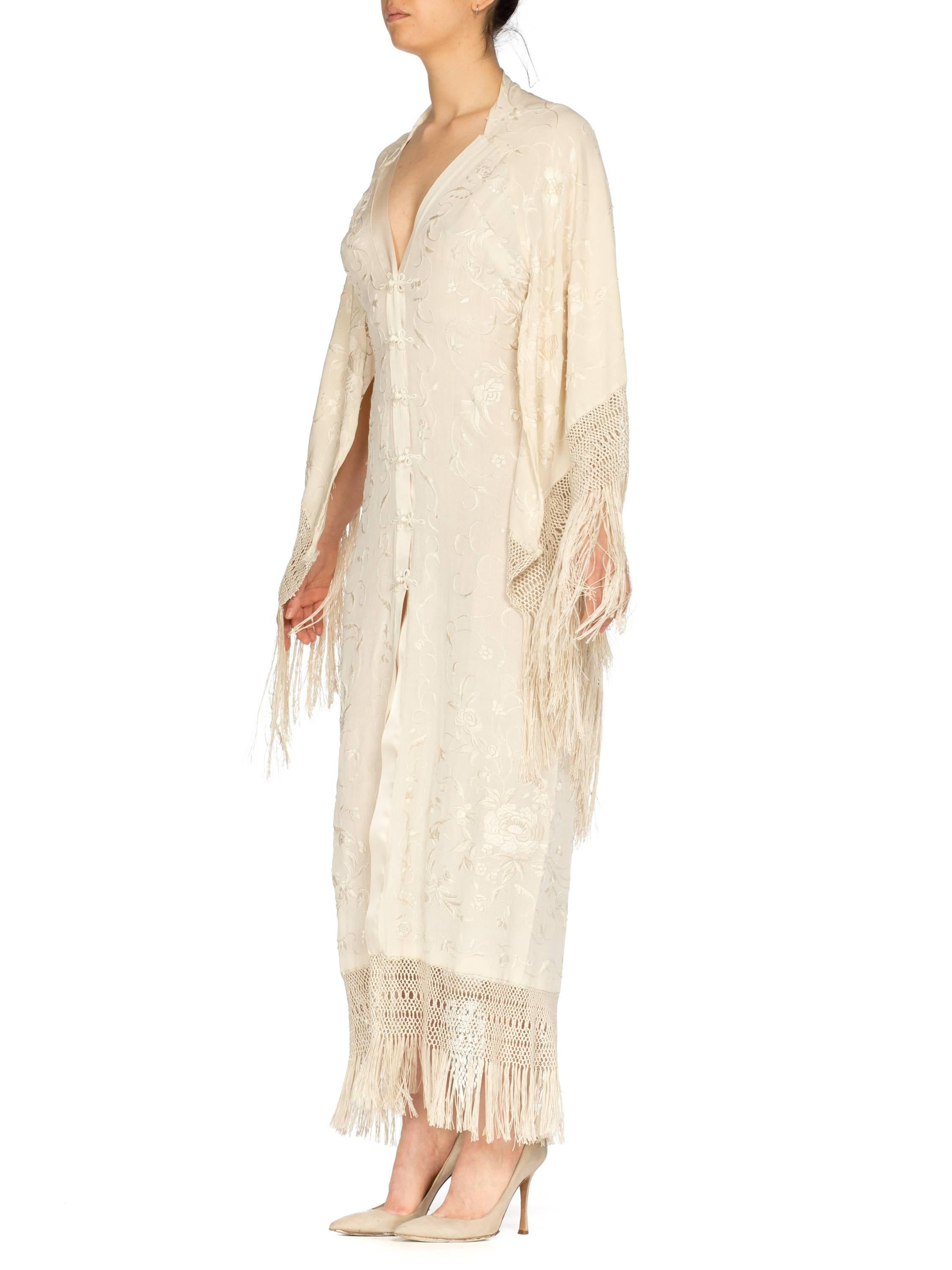 Hand Embroidered Antique Piano Shawl Bias Dress with Cape and Fringe In Excellent Condition In New York, NY