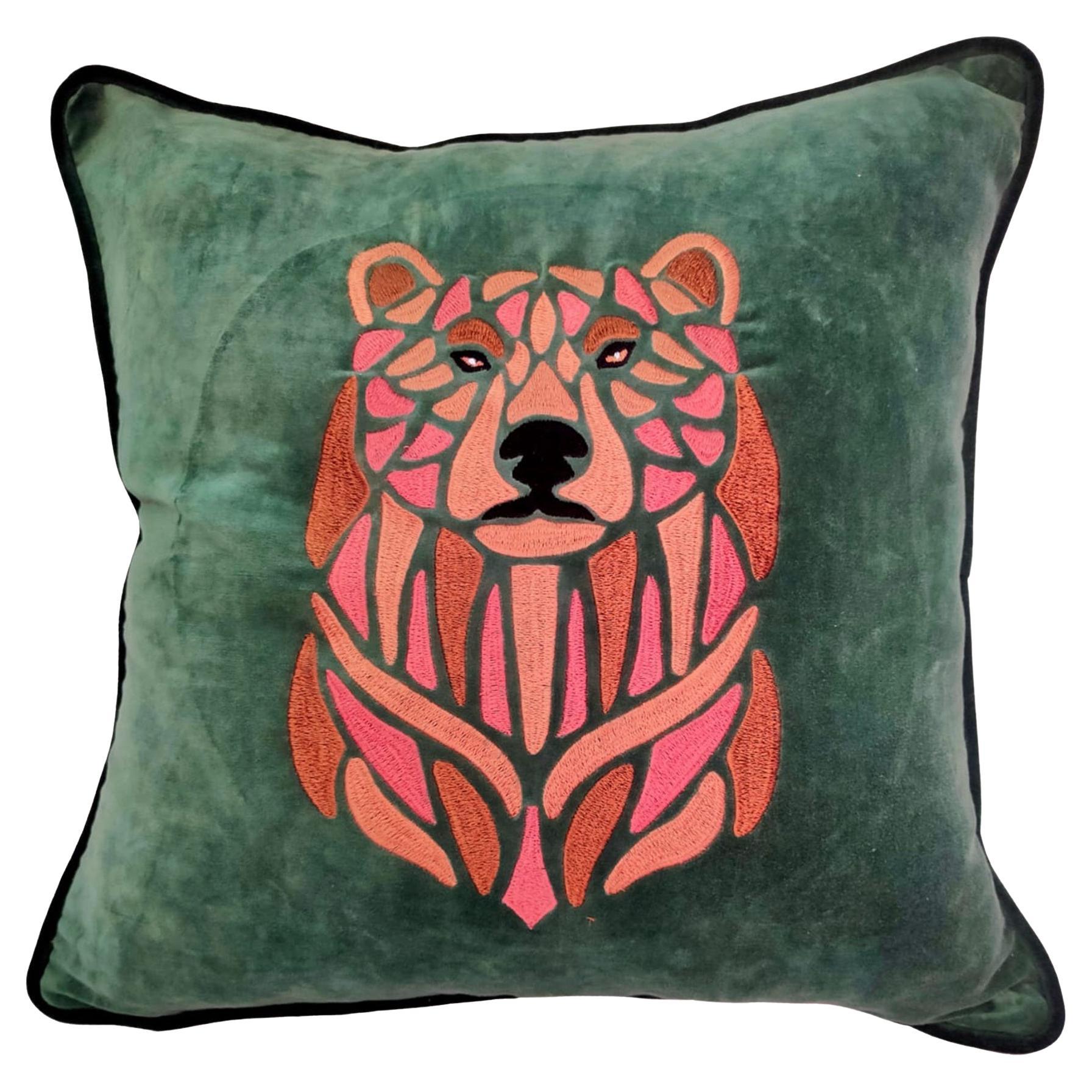 Hand Embroidered Bear pillow  For Sale
