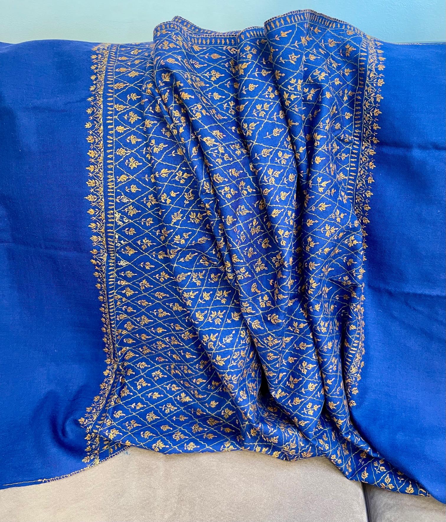 Hand Embroidered Cashmere Pashmina/ Wool Shawl Blue Color Made in Kashmir Unisex 2