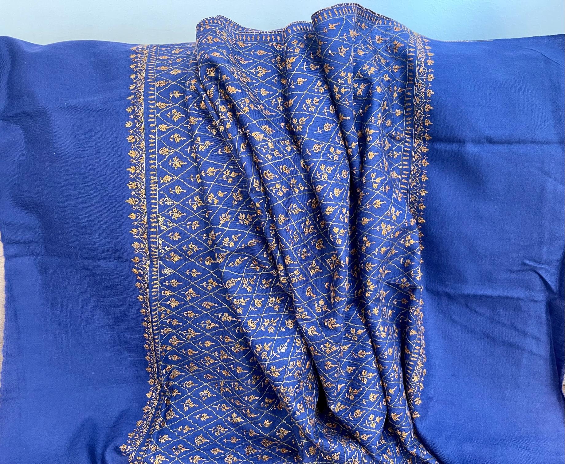 Hand Embroidered Cashmere Pashmina/ Wool Shawl Blue Color Made in Kashmir Unisex 3