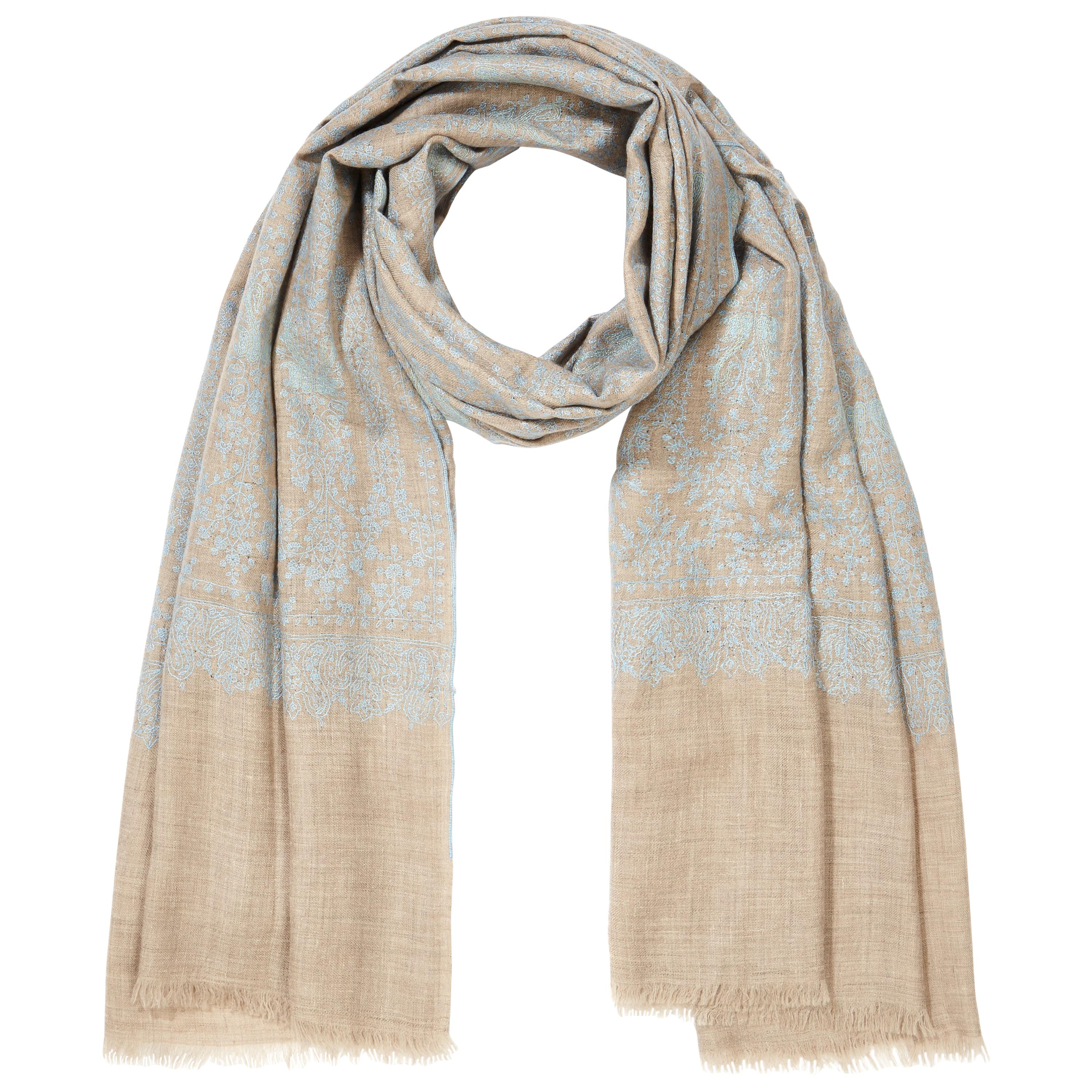 Hand Embroidered Cashmere Scarf in Taupe & Blue Made in Kashmir India -Brand New
The perfect gift for someone special - this shawl is unique and handmade. 

Verheyen London’s shawl is spun from the finest embroidered woven cashmere from Kashmir. 