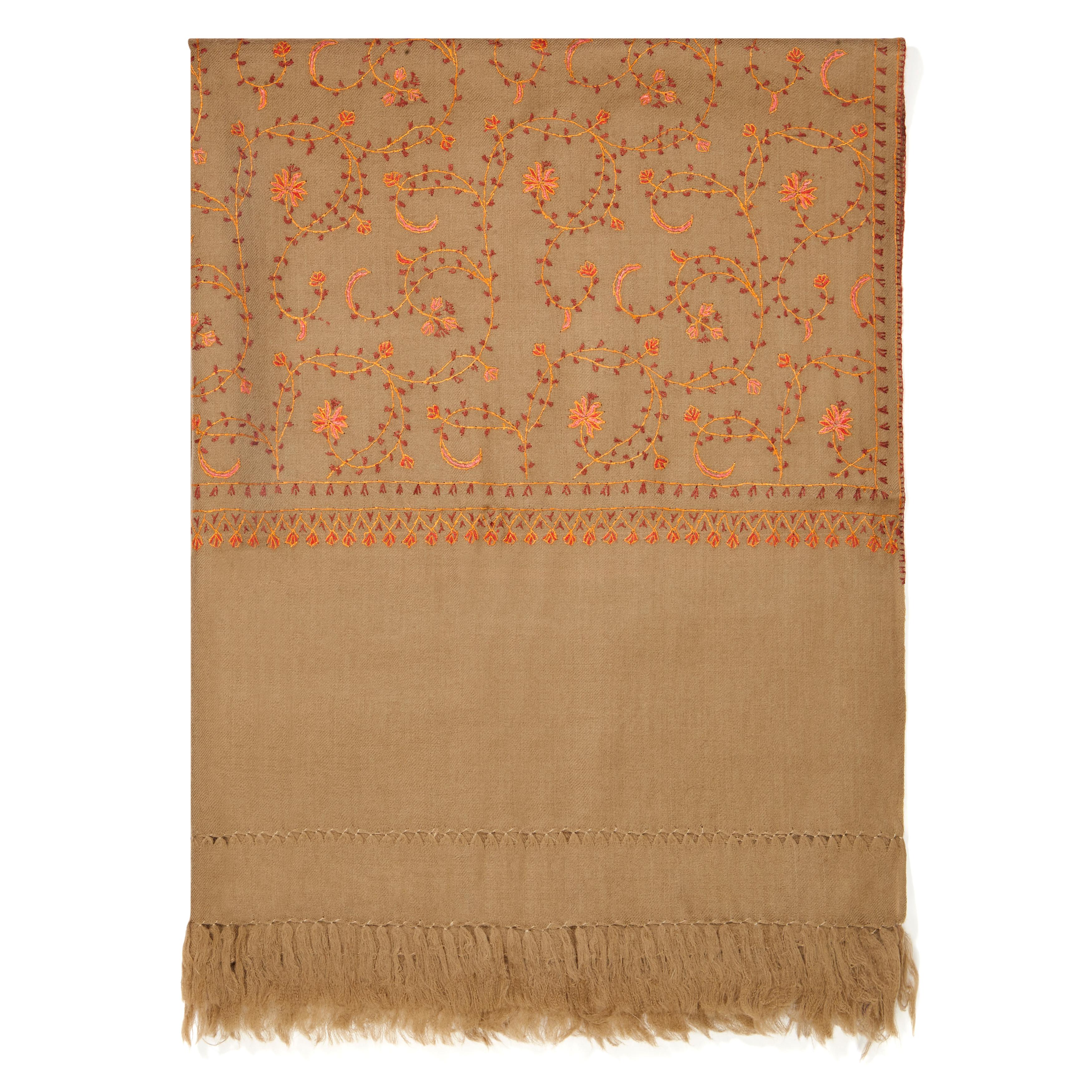 The perfect Christmas gift for someone special - this shawl is unique and handmade. 
This shawl is spun from the finest embroidered woven in 100% cashmere from Kashmir.  The embroidery can take up to 1 year to embroider these shawls and each one is