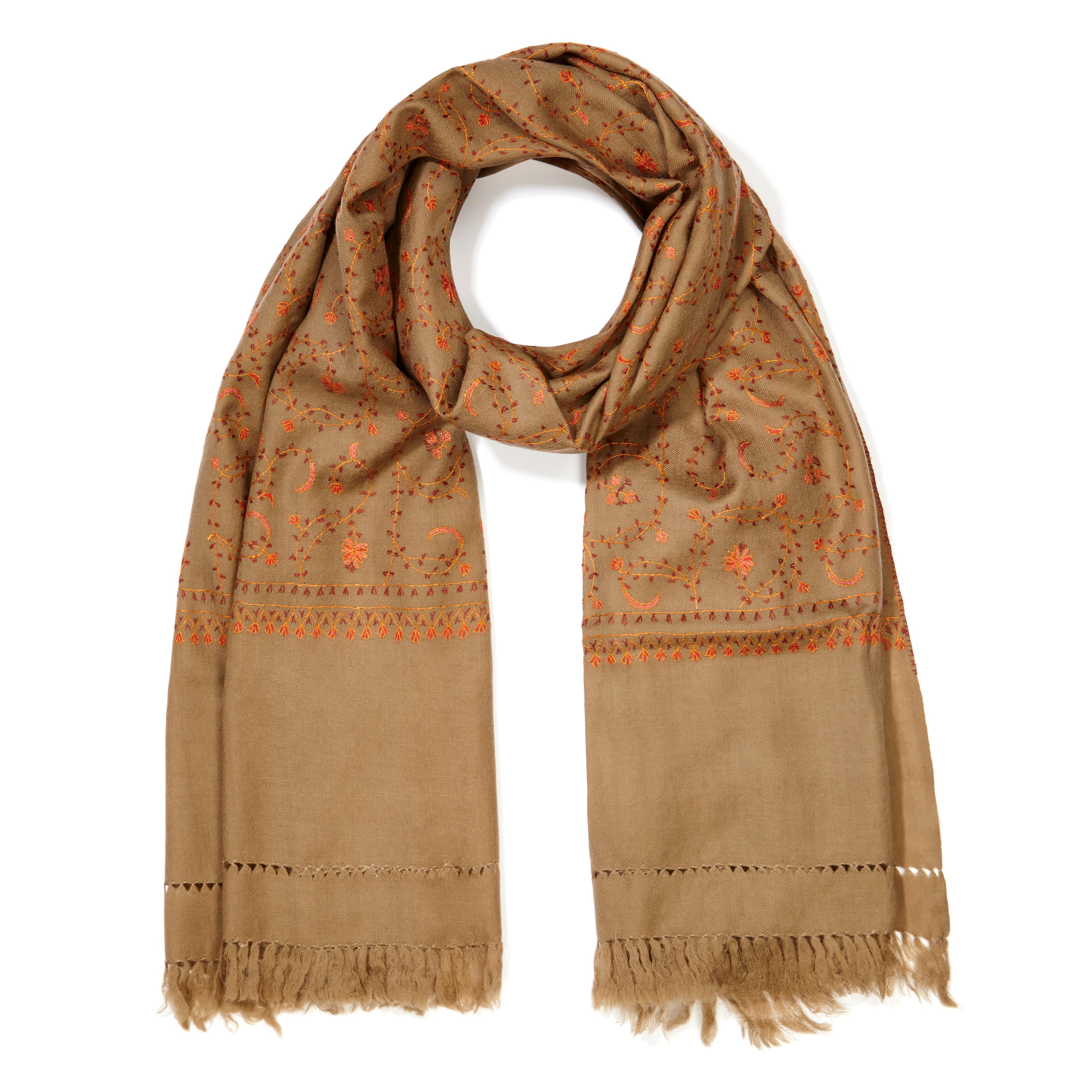 Women's or Men's Hand Embroidered Cashmere Shawl in Tan Brown Made in Kashmir - Gift