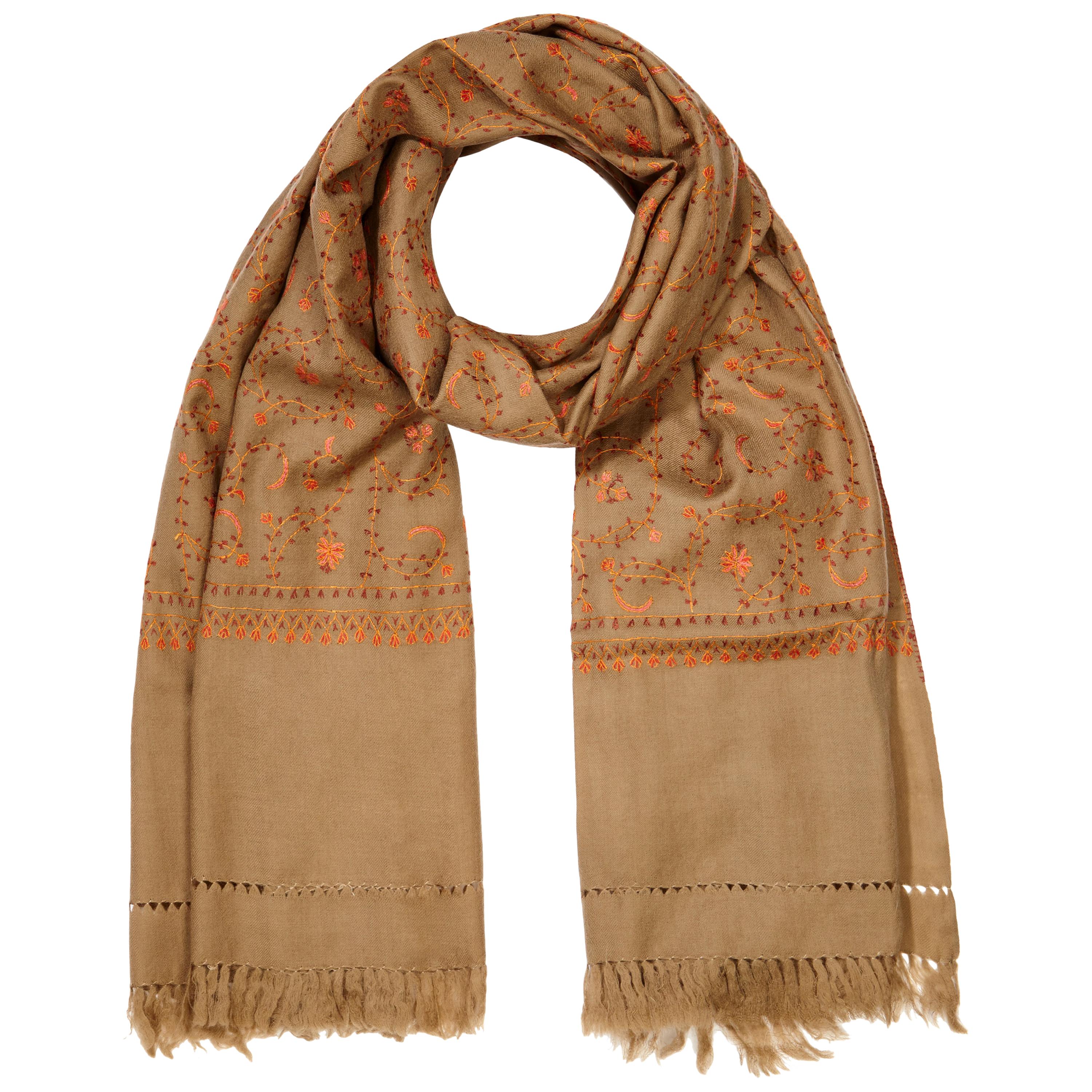 Hand Embroidered Cashmere Shawl in Tan Brown Made in Kashmir - Gift