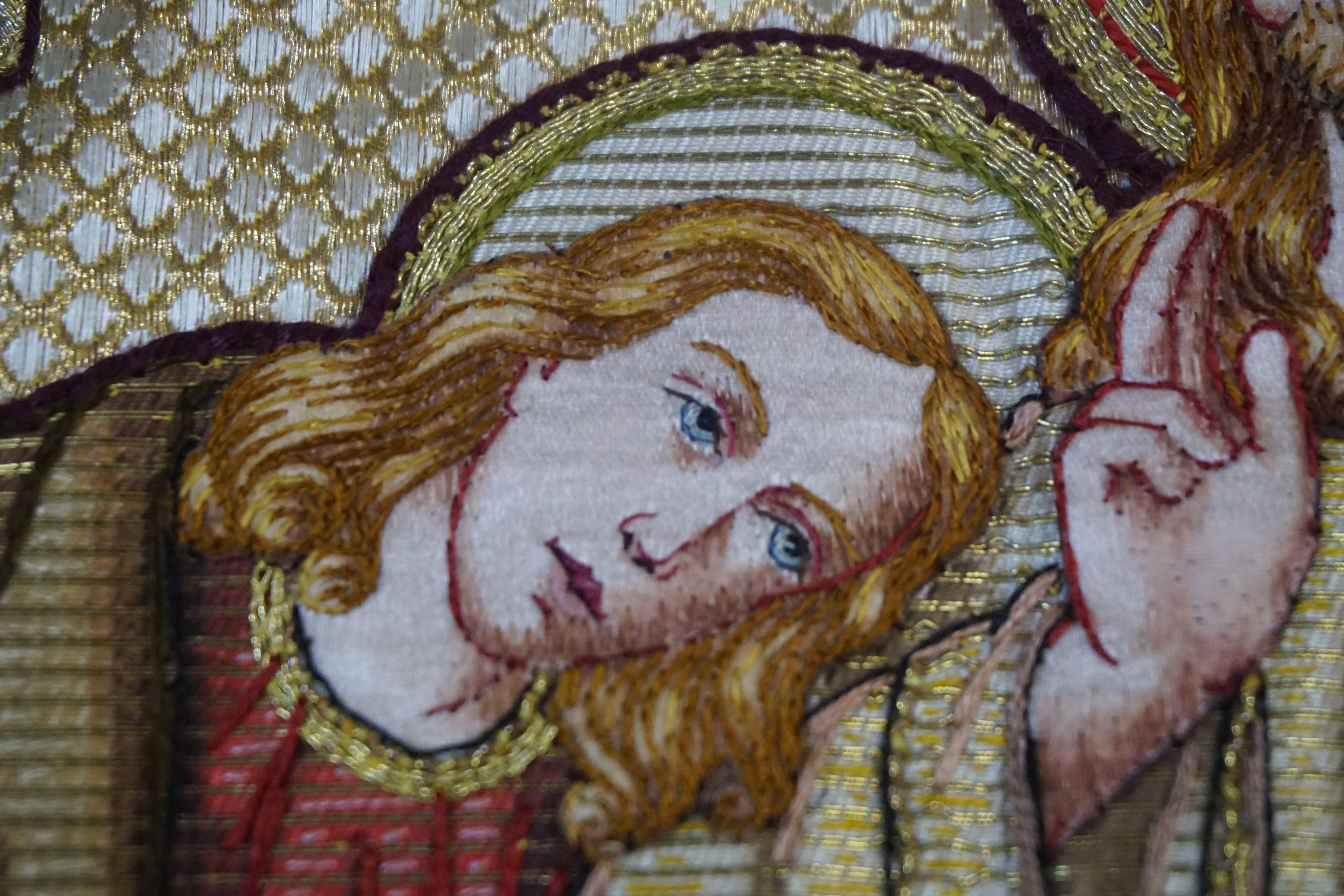 Hand Embroidered Copper & Silk Thread, Bread of Life / Christ Church Relic For Sale 1