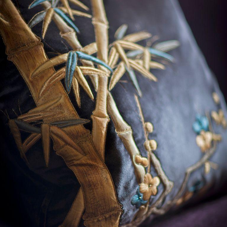 Hand-Painted Hand embroidered cushion on silk velvet For Sale