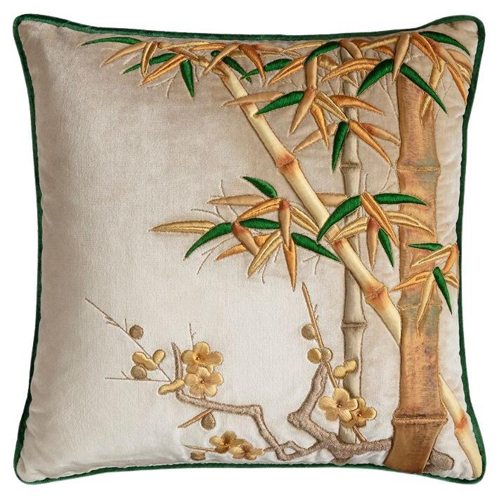 Hand embroidered cushion on silk velvet For Sale