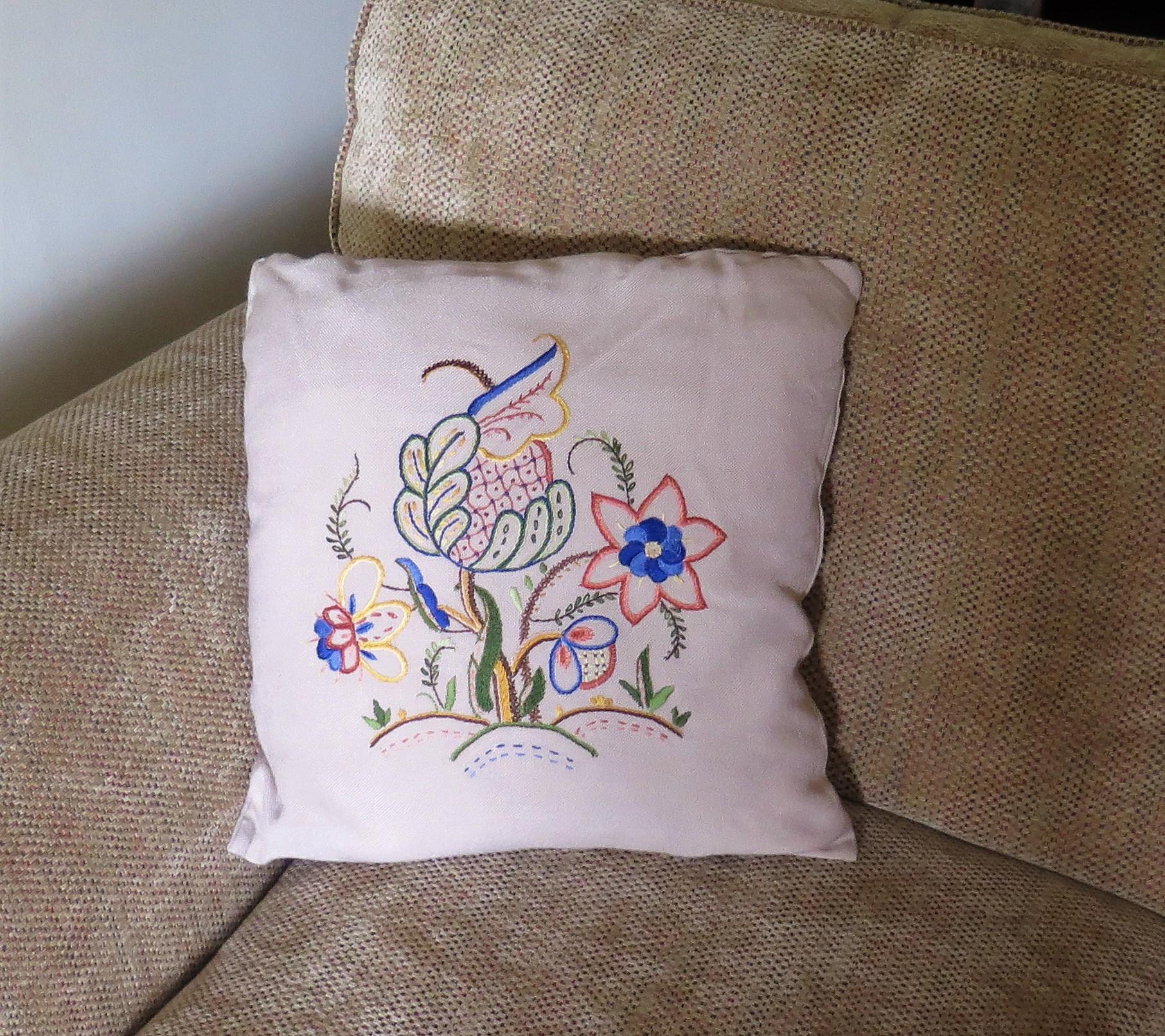 Hand Embroidered Cushion or Pillow, English circa 1940s For Sale 7