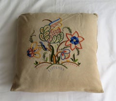 Hand Embroidered Cushion or Pillow, English circa 1940s