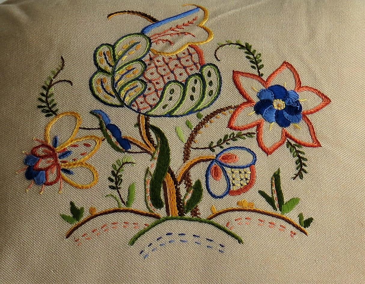 Fabric Hand Embroidered Cushion or Pillow, English circa 1940s For Sale