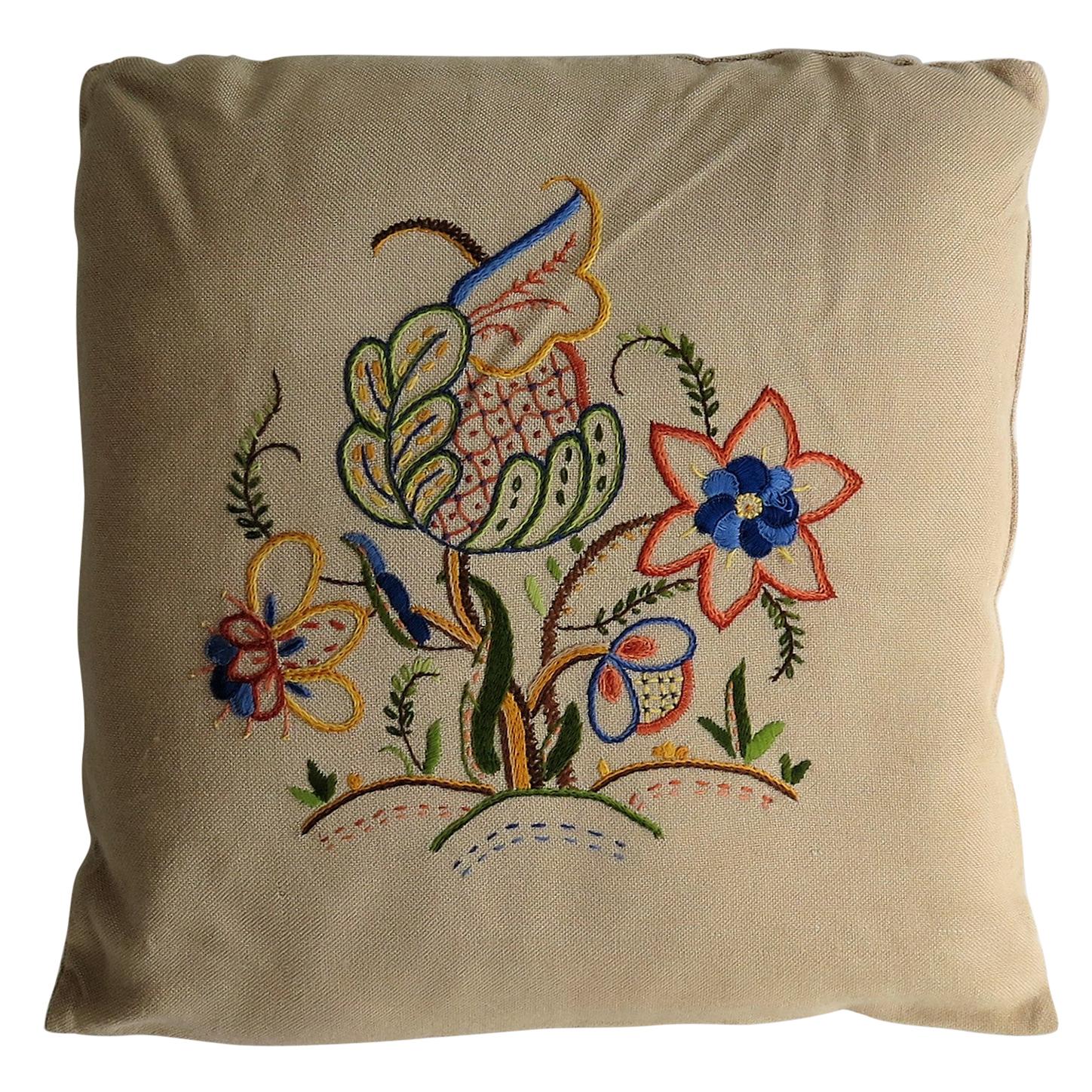 Hand Embroidered Cushion or Pillow, English circa 1940s