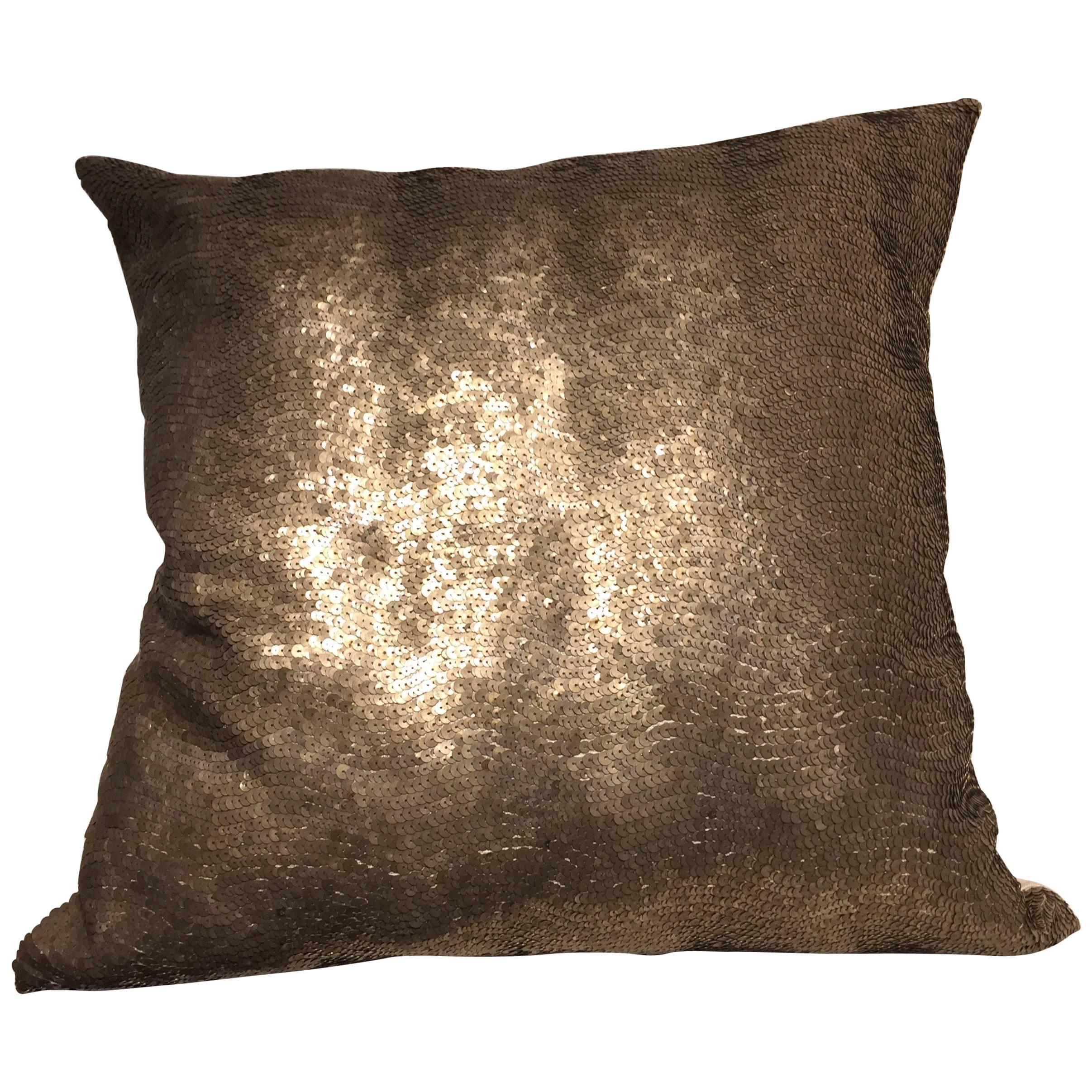 Hand Embroidered Cushion with Silver Sequins on Silk Color Oyster For Sale