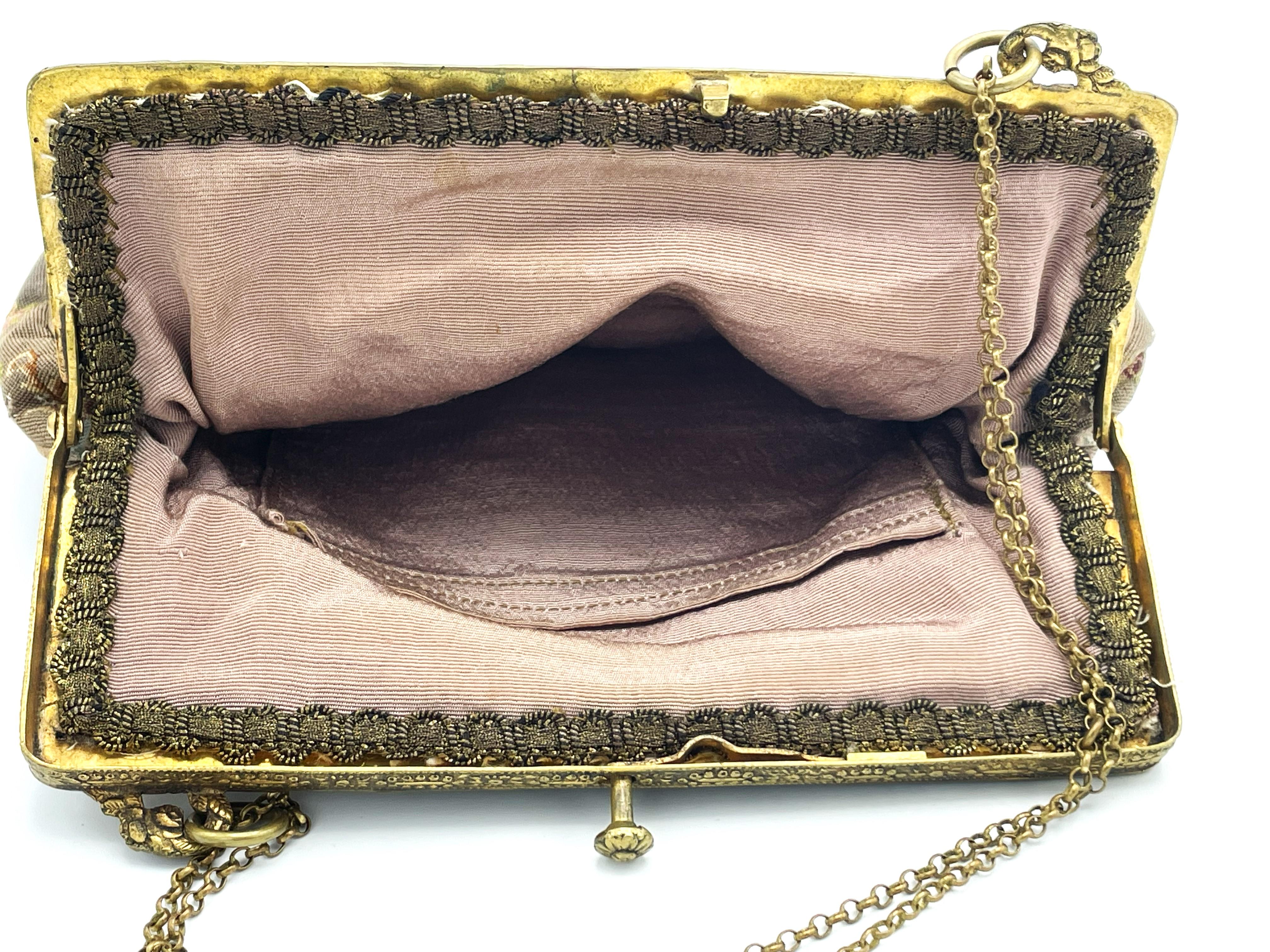 Hand-embroidered evening bag, petit point, brass bag hanger around 1900, Germany For Sale 9