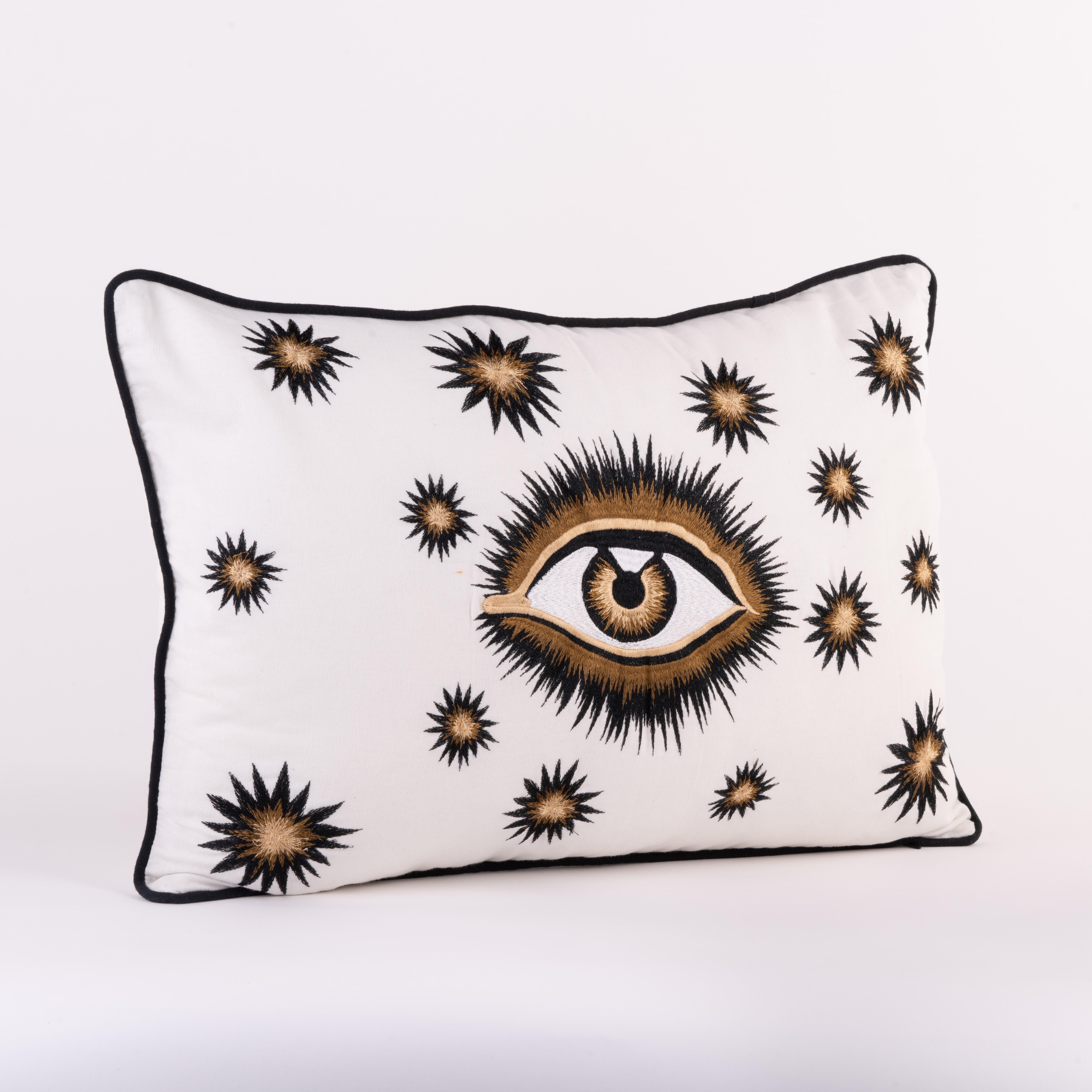 Modern Hand-embroidered Eye Cotton Pillow - White For Sale