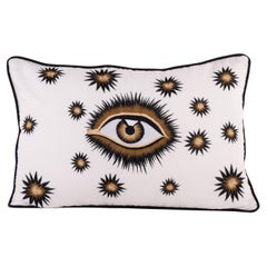 Hand-embroidered Eye Cotton Pillow - White