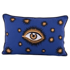 Hand-embroidered Eye Cotton Pillow - Blue