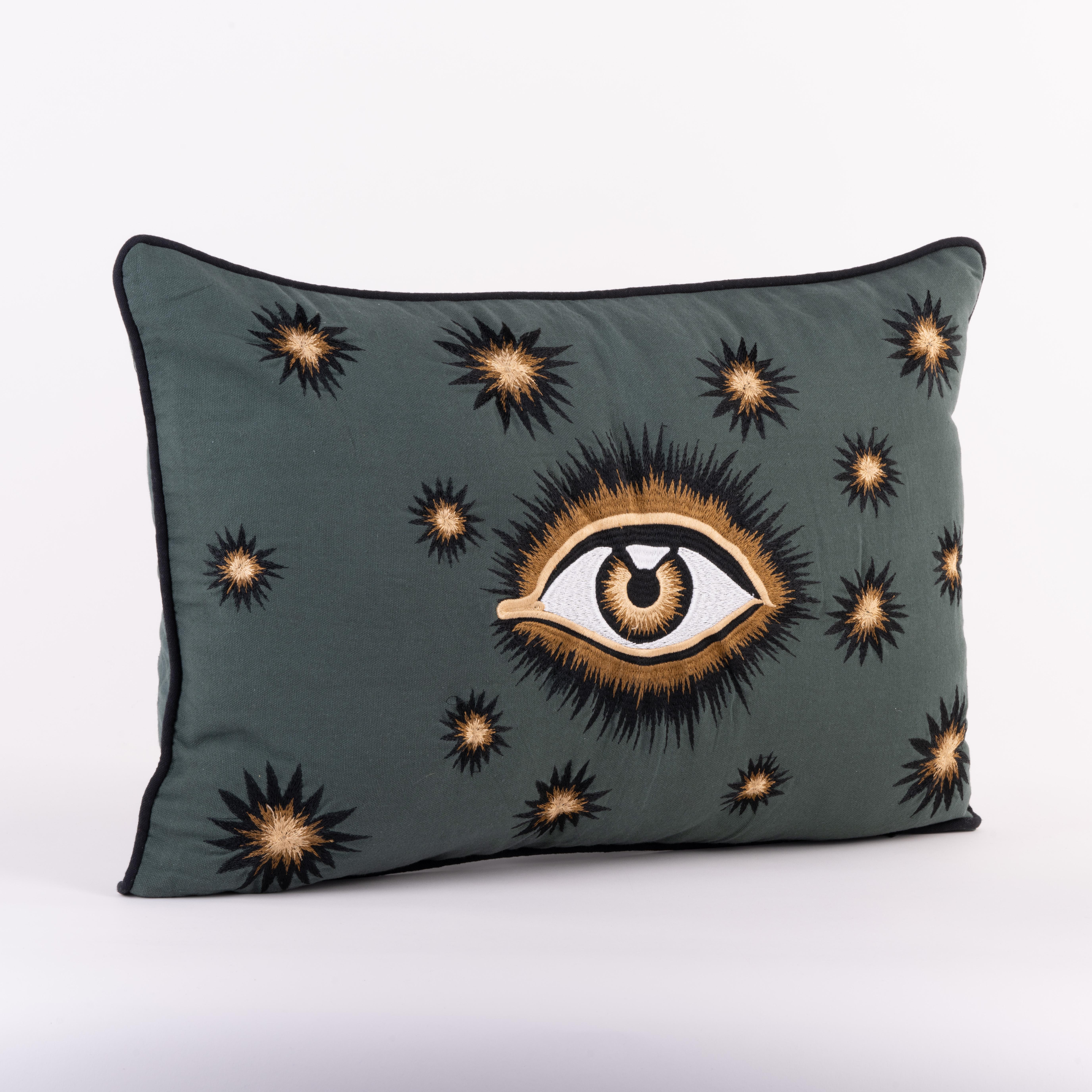 Modern Hand-embroidered Eye Cotton Pillow - Green For Sale