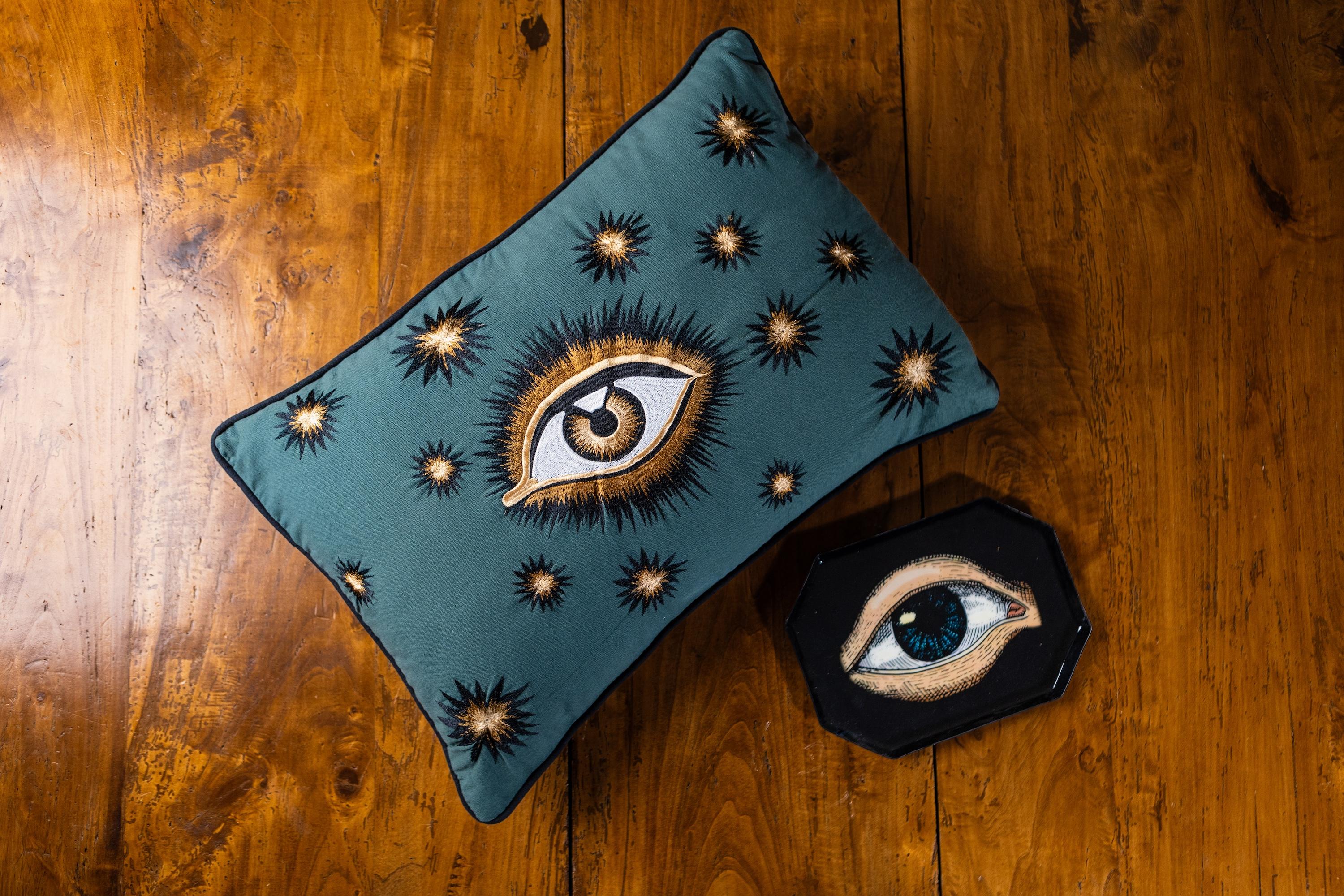 Indian Hand-embroidered Eye Cotton Pillow - Green For Sale