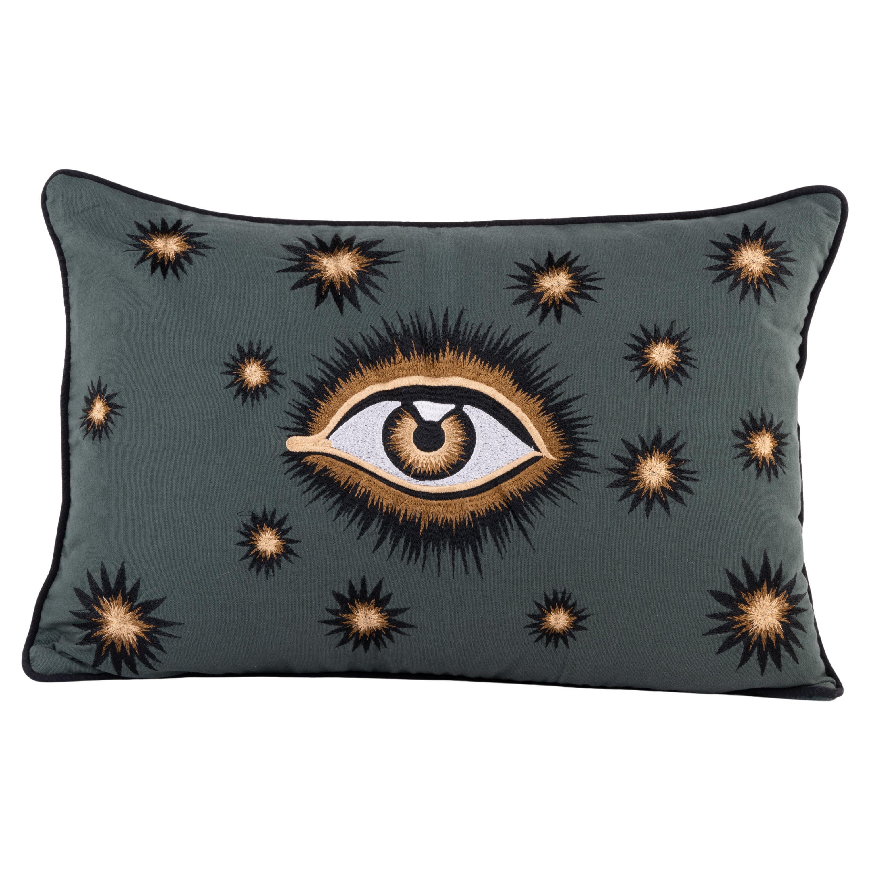 Hand-embroidered Eye Cotton Pillow - Green