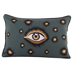Hand-embroidered Eye Cotton Pillow - Green
