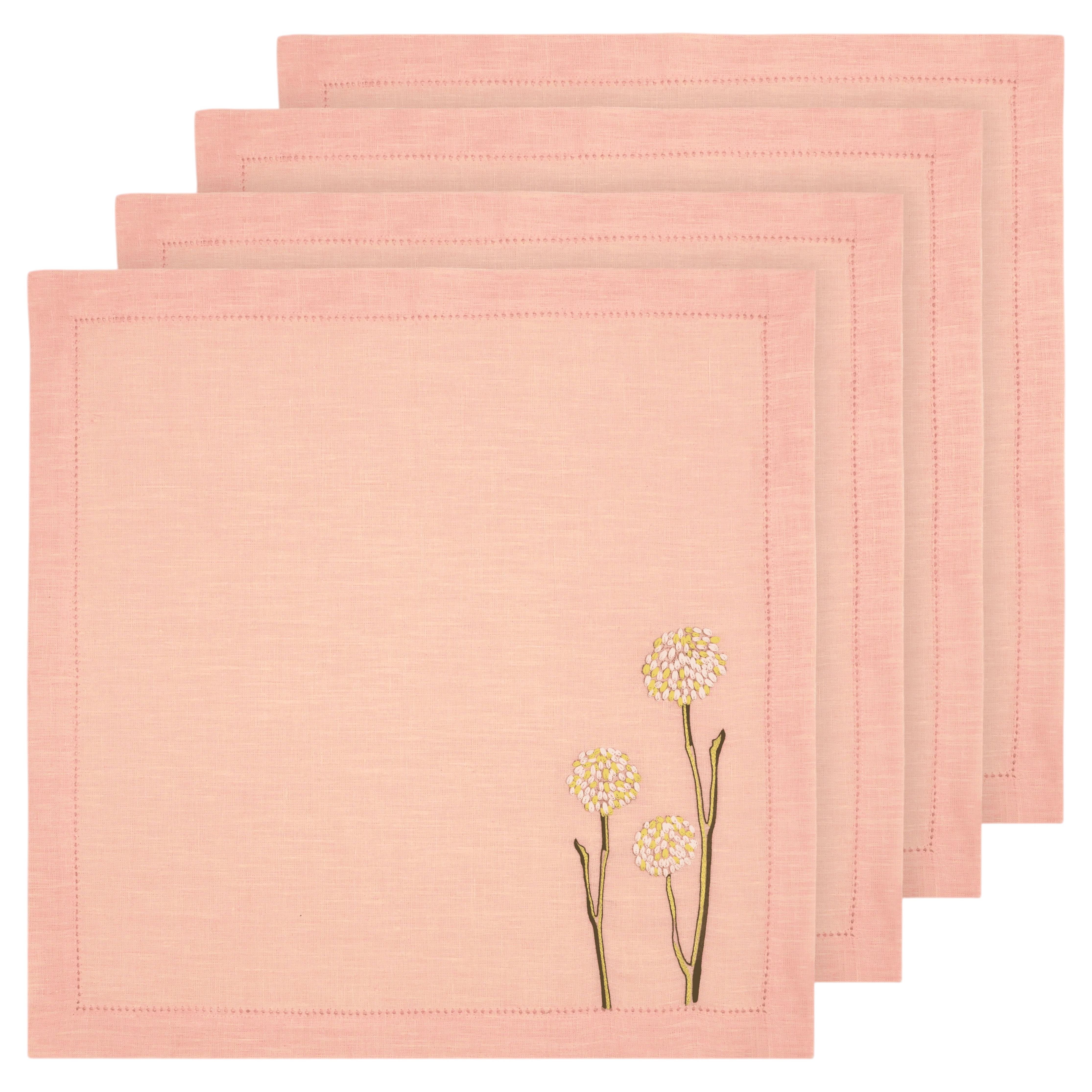 Hand Embroidered Spring Bloom Napkins 18" x 18" (Set of 4) For Sale