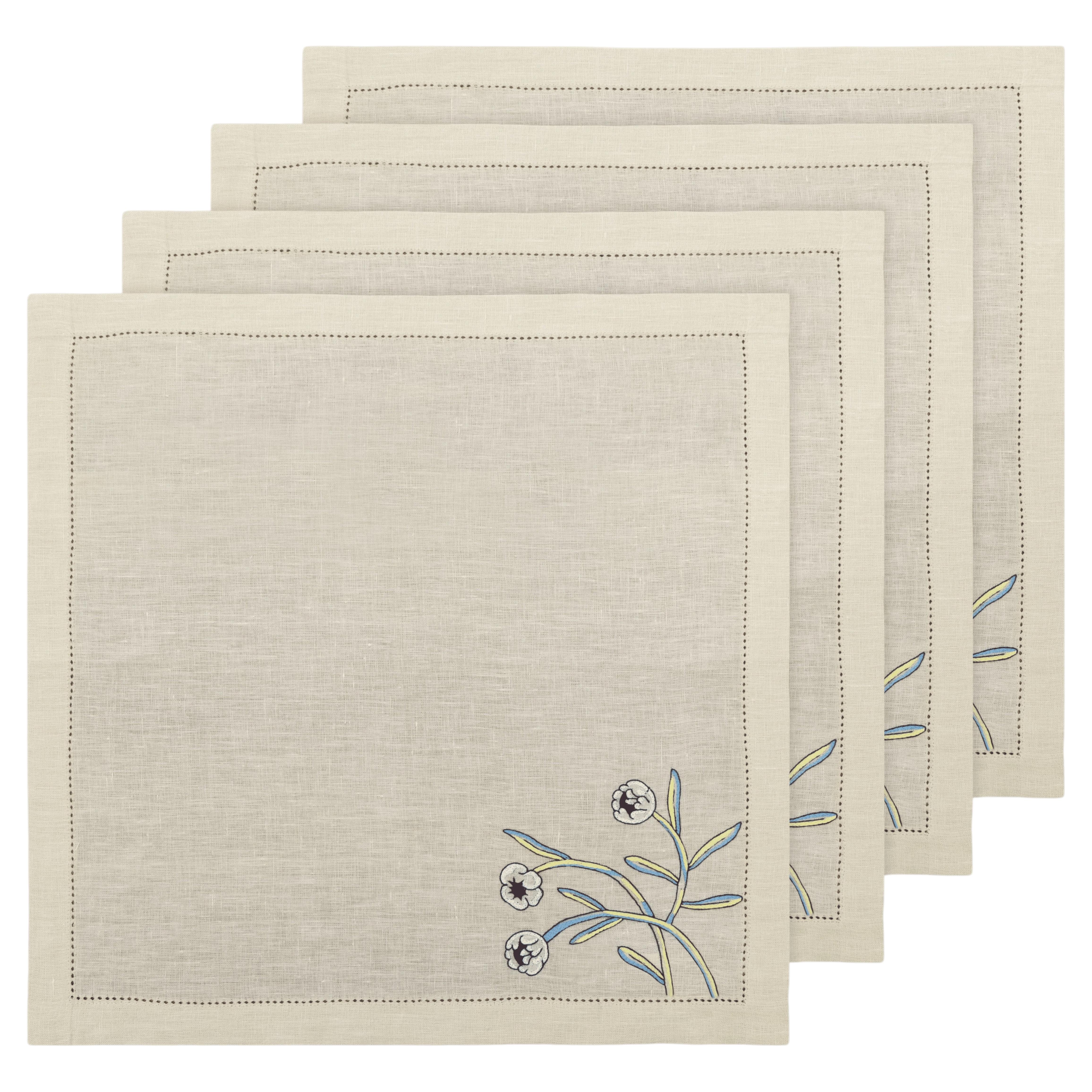 Hand Embroidered Watercolor Bloom Napkins 18" x 18" (Set of 4)