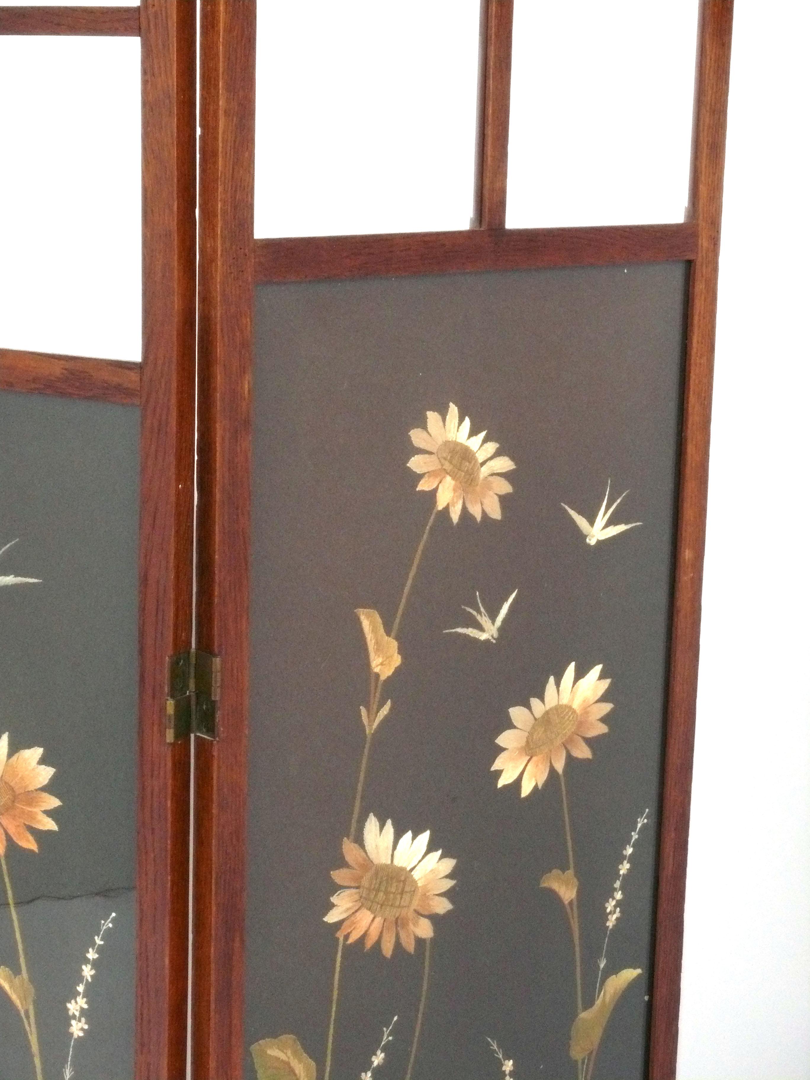 Beveled Hand Embroidered Folding Screen Arts and Crafts Era circa 1910s For Sale